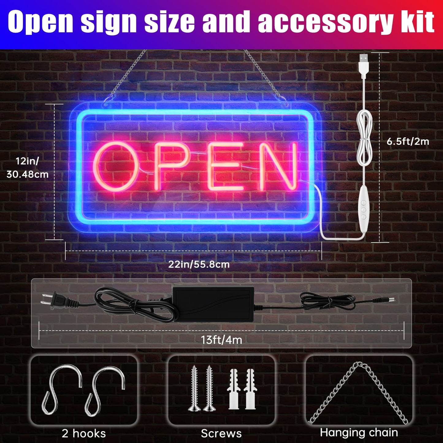 GABROGA 22 x 12inch Large Open Sign for Business, 10-Level Dimmable LED Neon Light up Open Signs, 12V/3A Open Sign USB Powered with 6.7FT Cord Easy to Hang for Window Bar Cafe Salon Store, Blue-Red