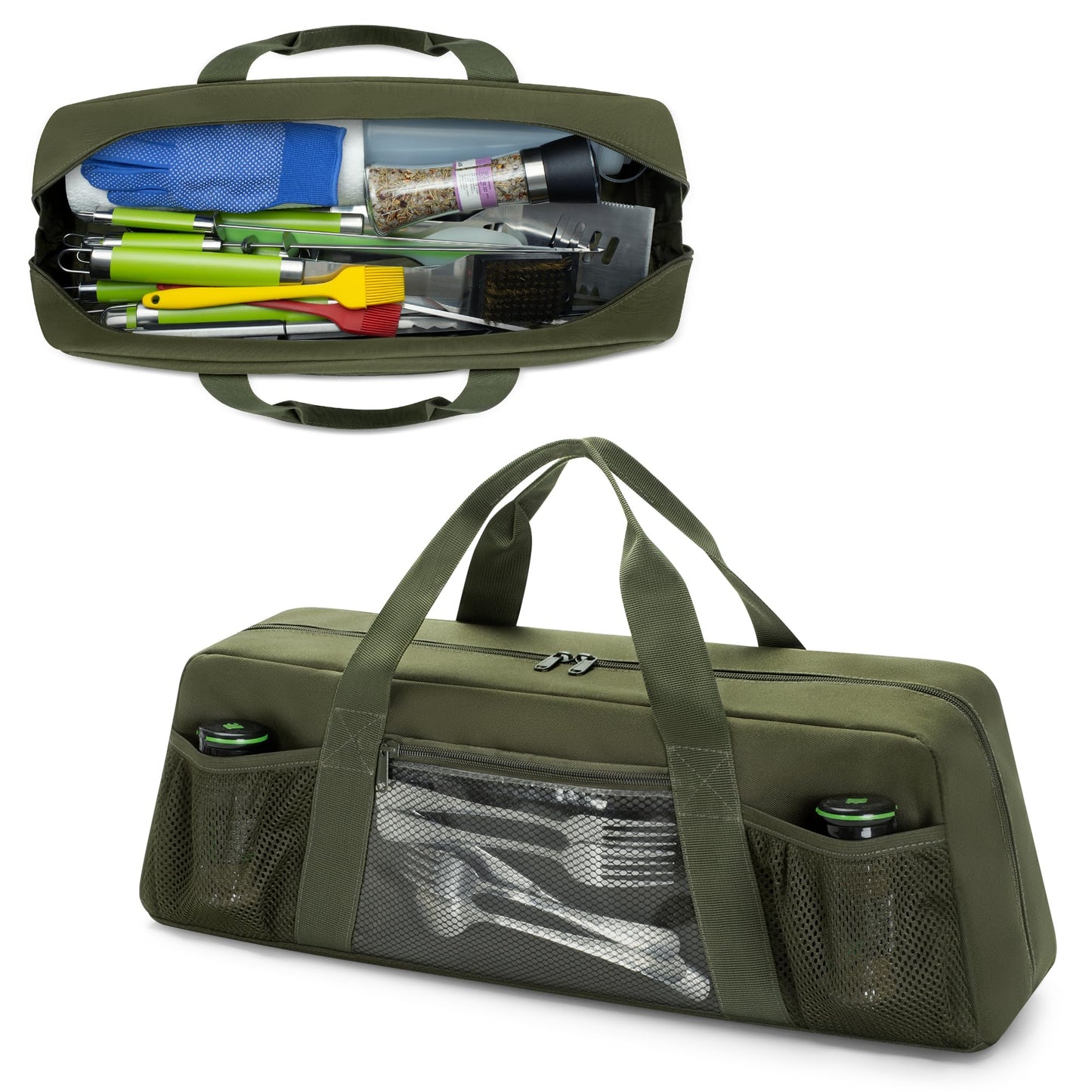 HODRANT Grill Tool Storage Bag, Outdoor BBQ Utensil Holder for Barbecue Tool up to 20", Large Grill Utensil Storage Caddy with Pockets, BBQ Accessories Case Container for Camping, Bag Only (Green)