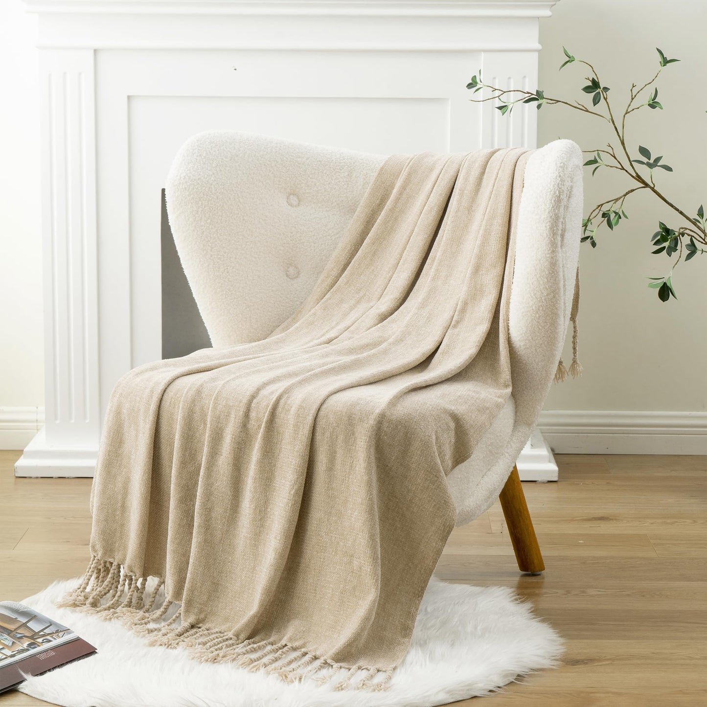 BATTILO HOME Beige Chenille Throw Blanket for Couch Sofa Chair Bed Home Decor, Lightweight Boho Knitted Throw with Fringe Tassels Suitable for All Season,50''X60''