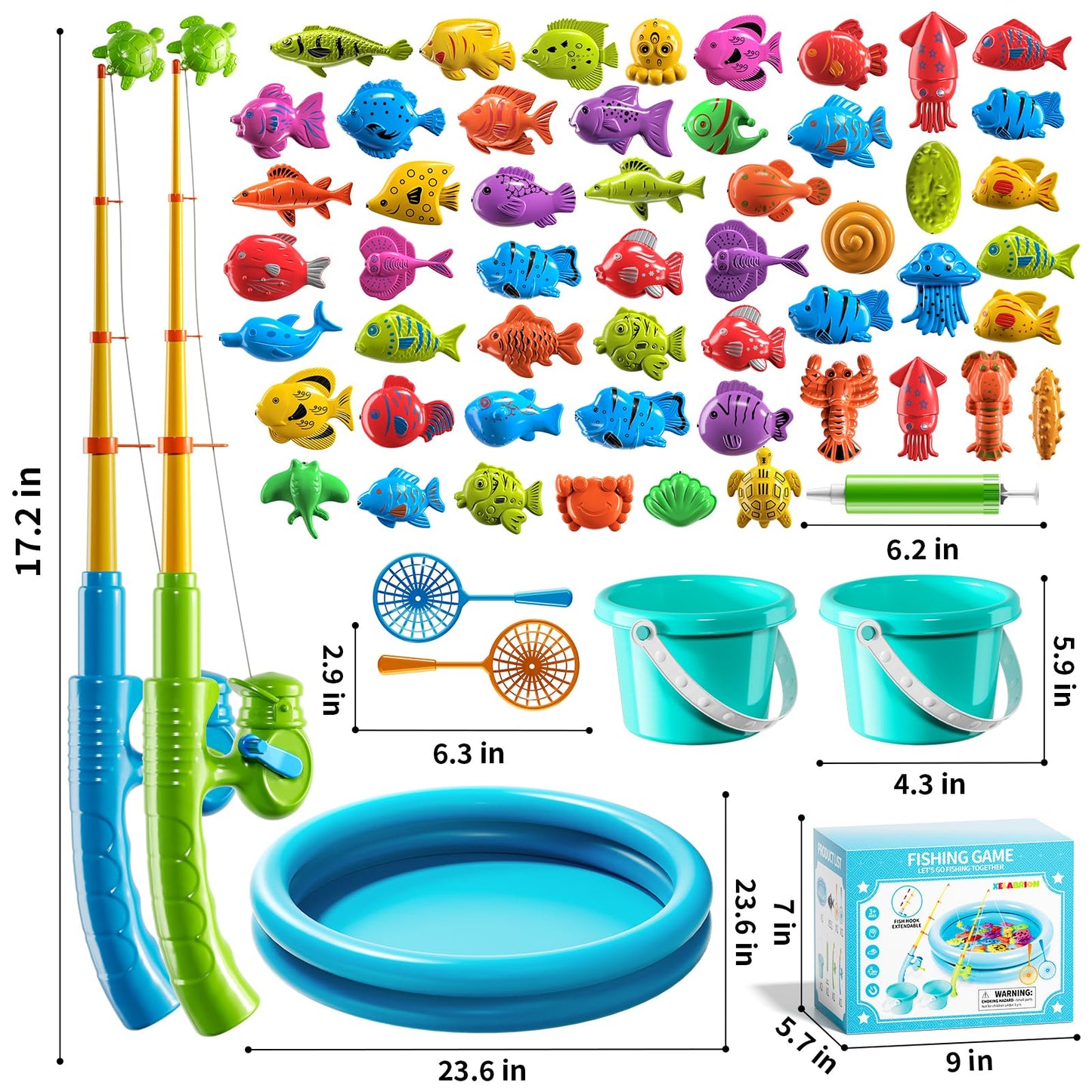 60 Pcs Magnetic Fishing Pool Toys Game for Kids Toddlers, Fishing Water Table Bathtub Toy with Inflatable Pool Pole Rod Net Bucket Plastic Floating Fish, Water Bath Pool Outdoor Toy for Kids Age 3 4 5