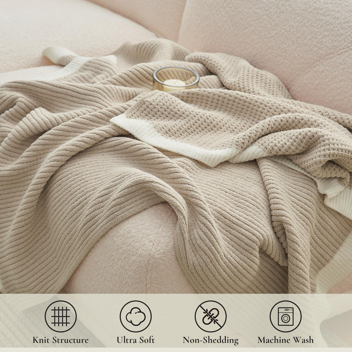 Amélie Home Chenille Throw Blanket, Soft Cozy Waffle Throw for Couch & Sofa, Warm Yet Lightweight, Breathable All-Season Throws for Women Men, Housewarming, Birthdays, 60"x80", Beige