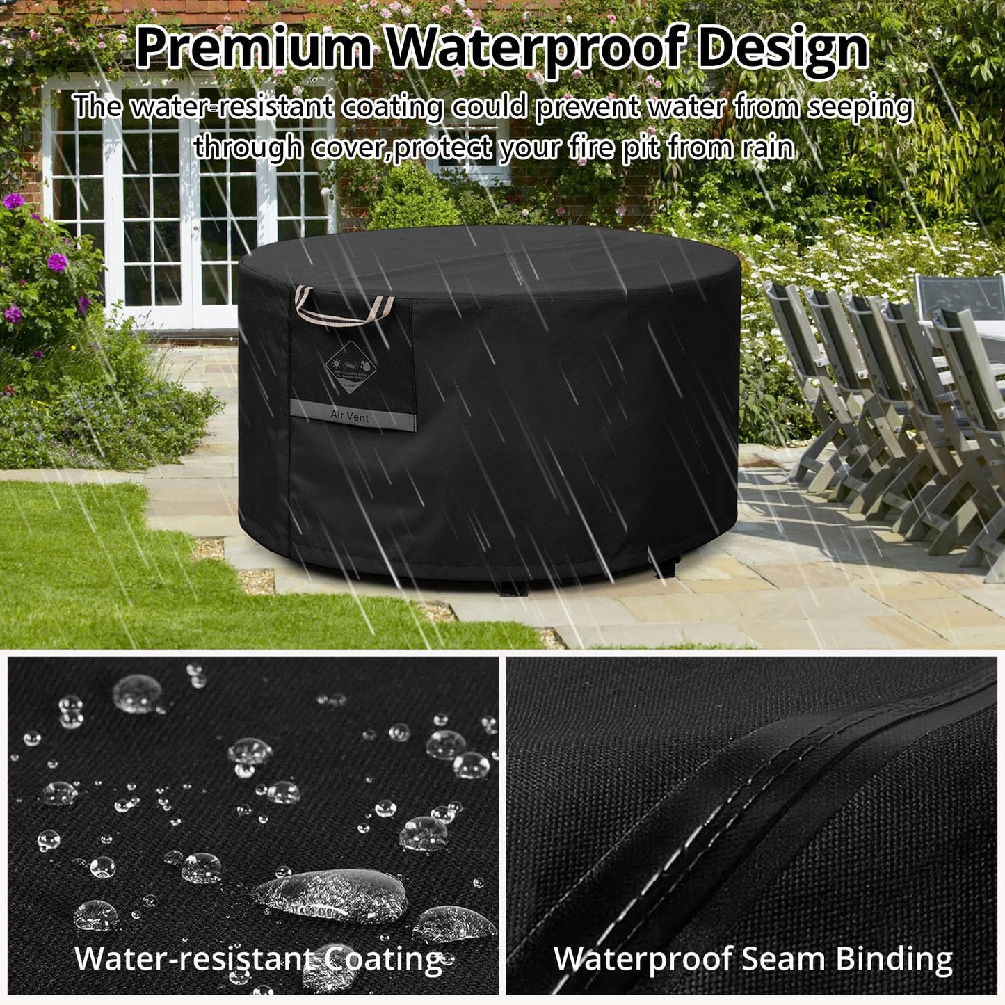 QH.HOME Fire Pit Cover Round Super Waterproof, 36" D X 20" H Outdoor Round Firepit Cover 600D Strong Tear Resistant, UPF 50+ Fire Pit Covers Premium Fading Resistant for Outdoor Round Fire Pit - Black