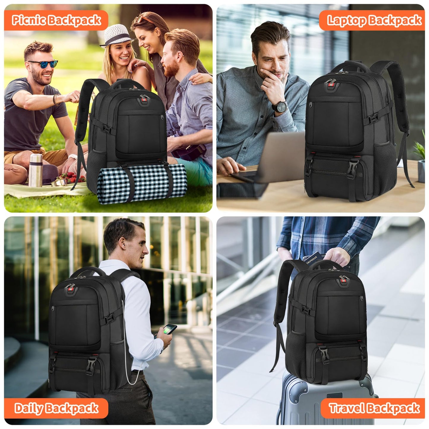 Lunch Backpack 17.3 Inch Laptop Backpack Extra Large Backpack for Men 50L Travel Backpack Waterproof Backpack Computer Backpack for College School Business,(with USB Charging Port)