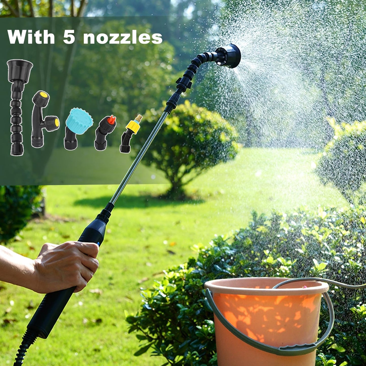Battery Powered Spray Wand, Electric Sprayer with Power Display, 5 Nozzles and 16.4FT/5M Hoses, Power Display Handle, 32 Inch Telescopic Wand, Multipurpose Plant Sprayer for Yard Lawn Weed Plants