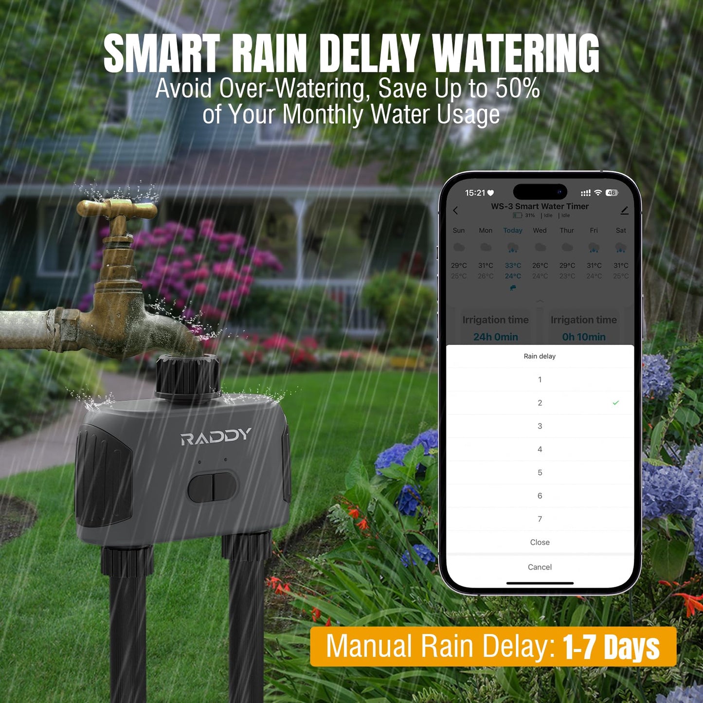 Raddy WS-3 WiFi Sprinkler Timer 2 Zone, IPX5 Water Timer for Garden Hose Faucet, APP Control Automatic Irrigation System with WiFi Hub, Rain Delay for Lawns and Yard
