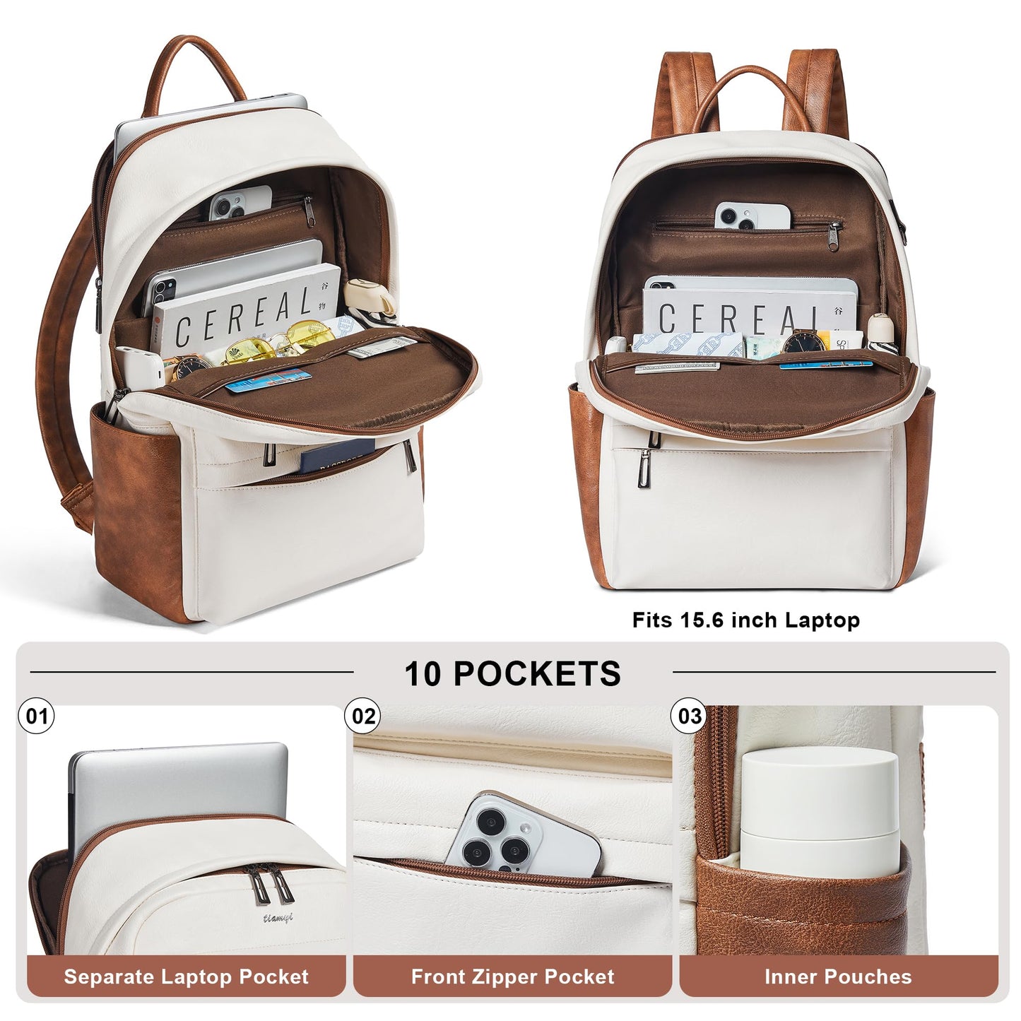 TIAMYI Vegan Leather Backpack for Women Travel Back pack with 15.6 inch Laptop Compartment, Vintage Ladies Computer Backpack, Beige