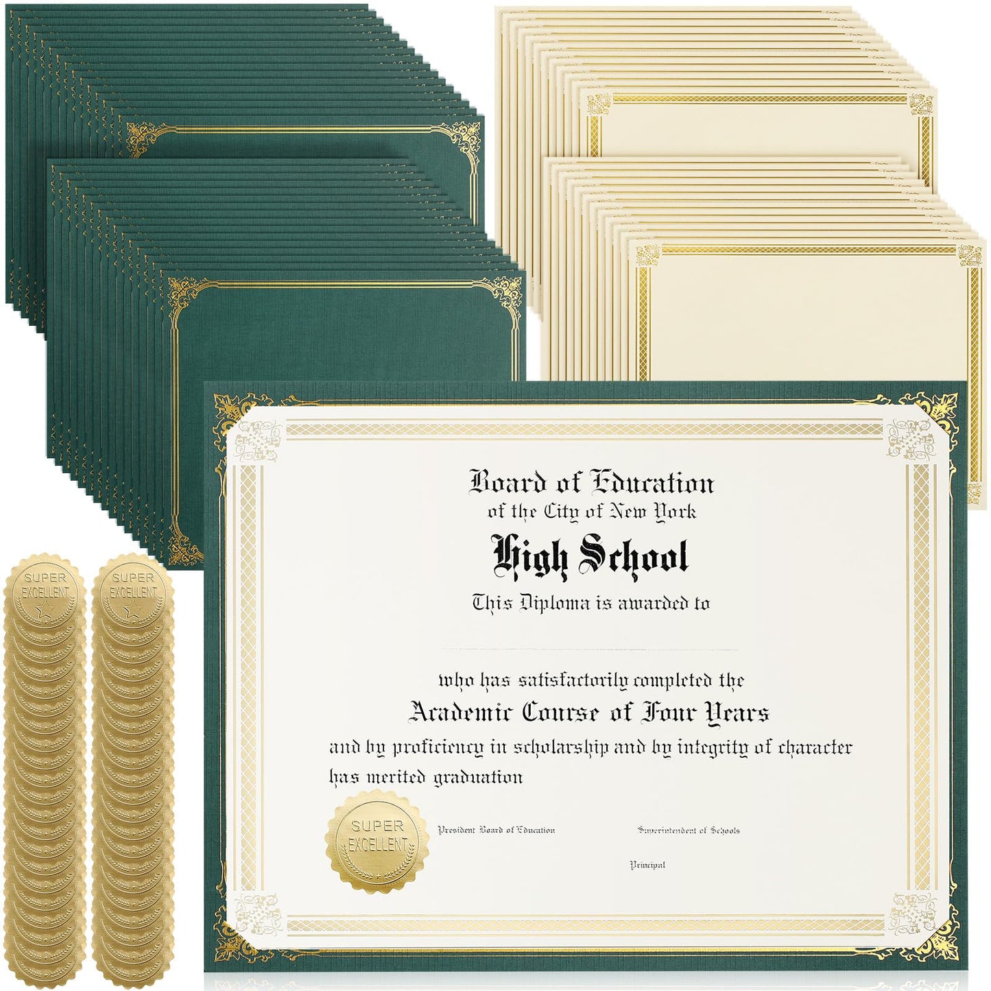Kosiz 150 pcs Certificate Kit Includes 50 Gold Foil Certificates 50 Single Sided Holders 8.5'' x 11"50 Gold Foil Award Seals for Diplomas, Awards, and Accomplishments(Green)