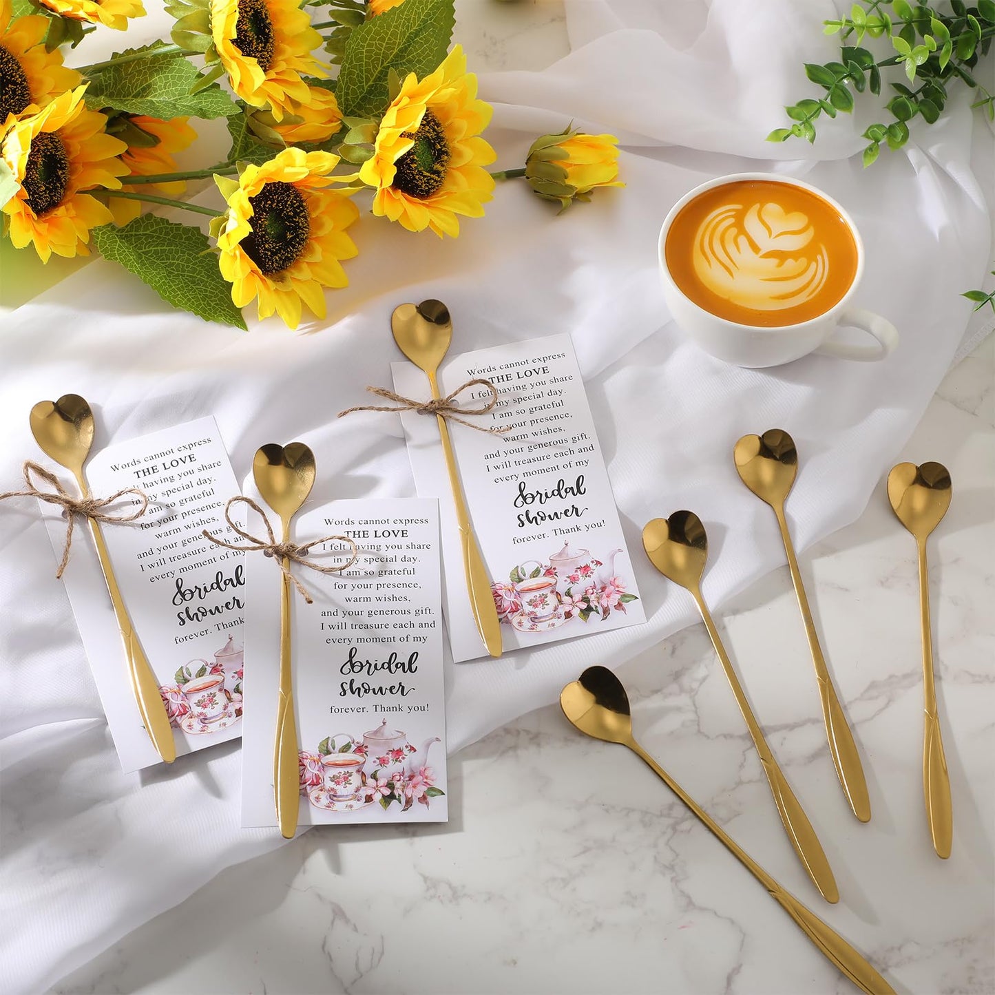 Skybooly 50 Heart Shaped Tea Party Spoons with Bridal Shower Thank You Cards and Hemp Rope Wedding Souvenirs