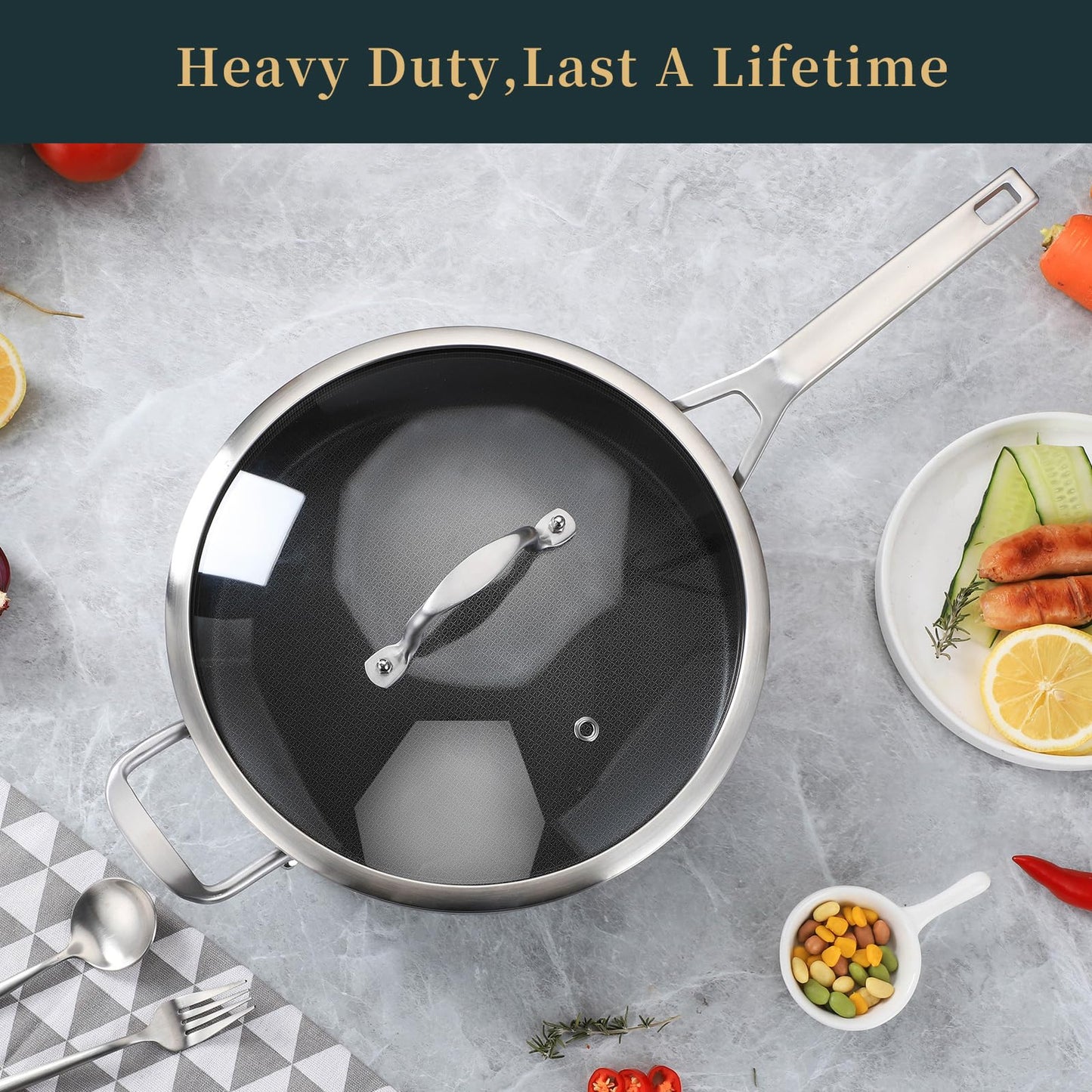 Stainless Steel 6 Quarts Saute Pan with lids, Nonsitck 12.5 inch Jumbo Cooker, 3 Layer Deep Frying pan with Stay Cool Handle, Dishwasher and Metal Utensil Safe