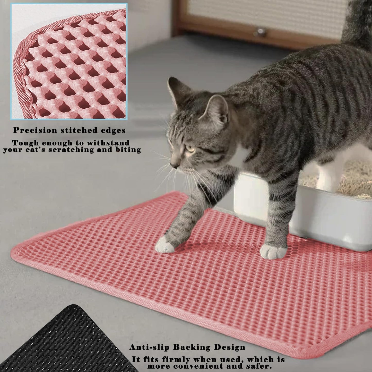 HCY&WLD Cat Litter Mat, Honeycomb Double Layer Cat Litter Trapping Mat, Waterproof Urine Proof Non-Slip, Scatter Control, Less Waste, Easier to Clean (Pink, 45" X 26")