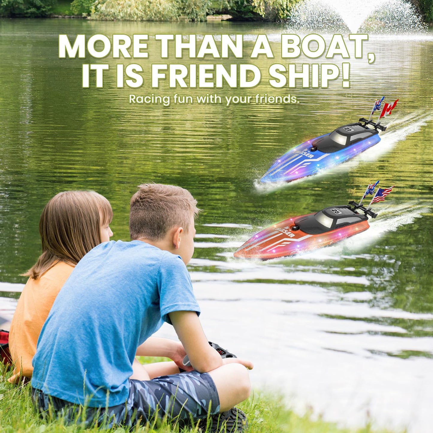 RC Boat with Dazzling LED Lights, 2.4Ghz Remote Control Racing Boats for Kids 8-12,Toy Water Boat for Pools and Lakes with Waterproof,Rechargeable Battery, for Boys Girls RED