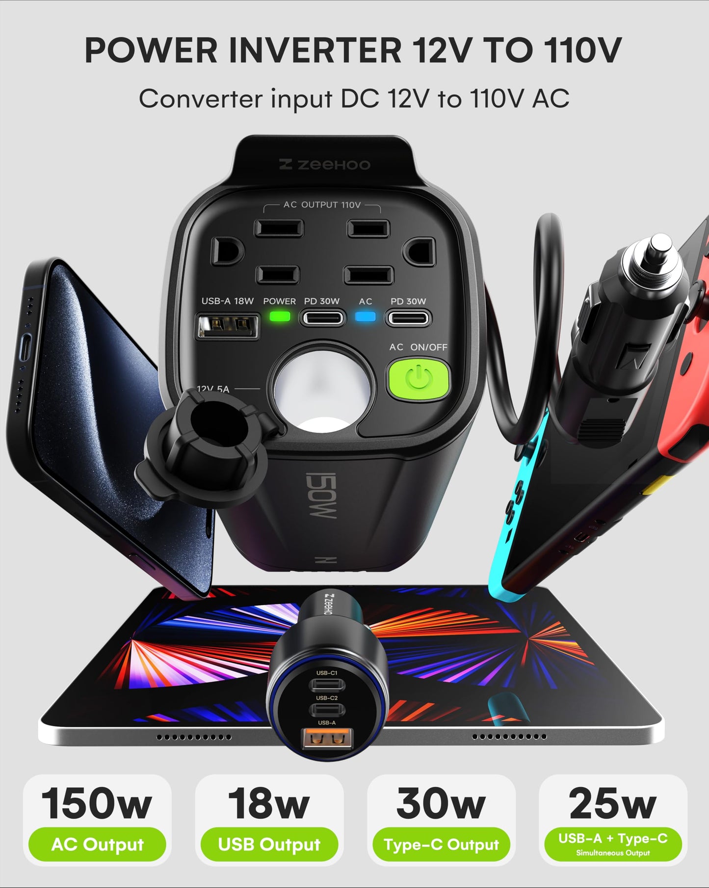 150W Car Power Inverter, 12V DC to 110V AC Car Plug Adapter Outlet Converter, with 2 AC Outlets, A 18W USB A and Dual 30W PD Car Charger, for Laptop Computer - Black