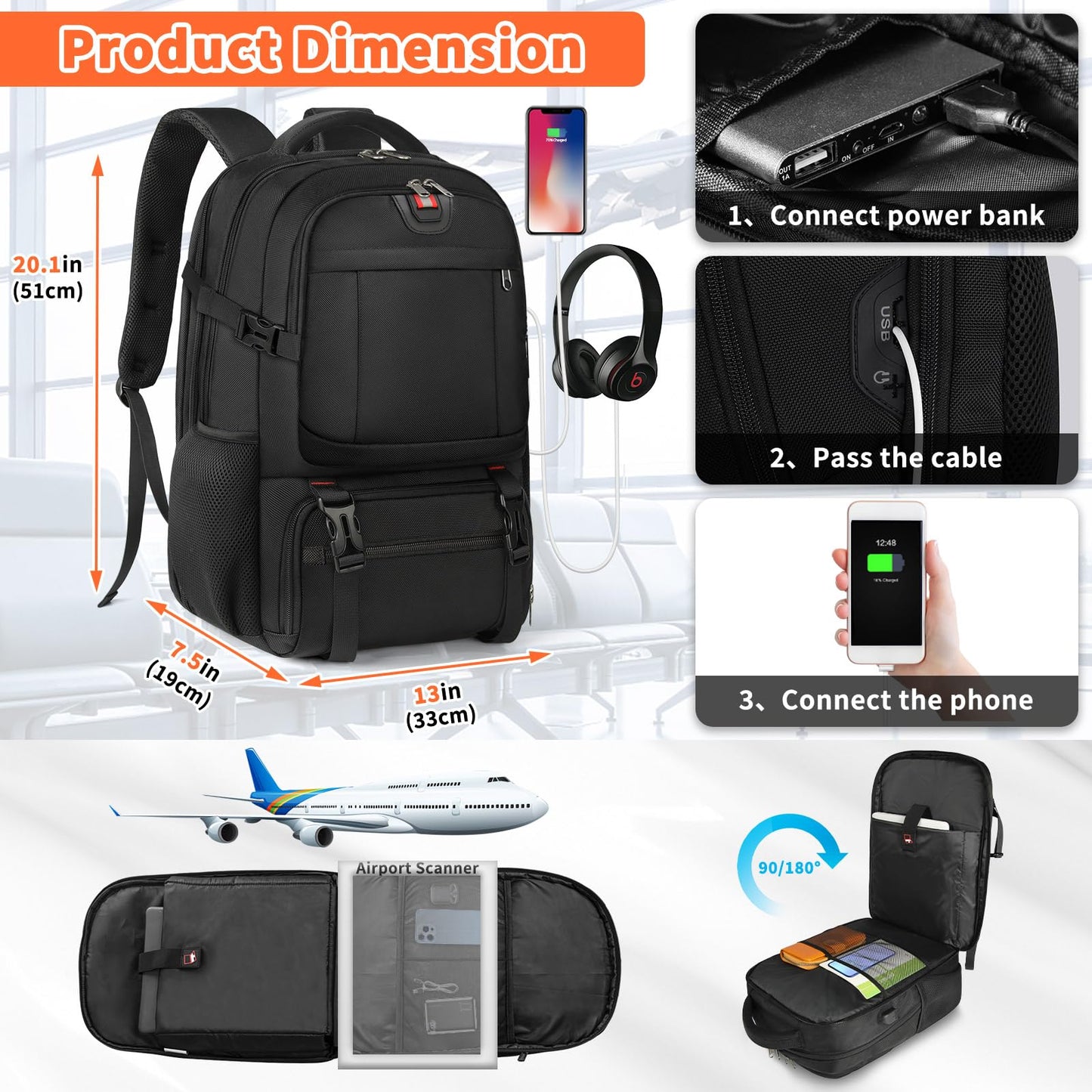 Lunch Backpack 17.3 Inch Laptop Backpack Extra Large Backpack for Men 50L Travel Backpack Waterproof Backpack Computer Backpack for College School Business,(with USB Charging Port)