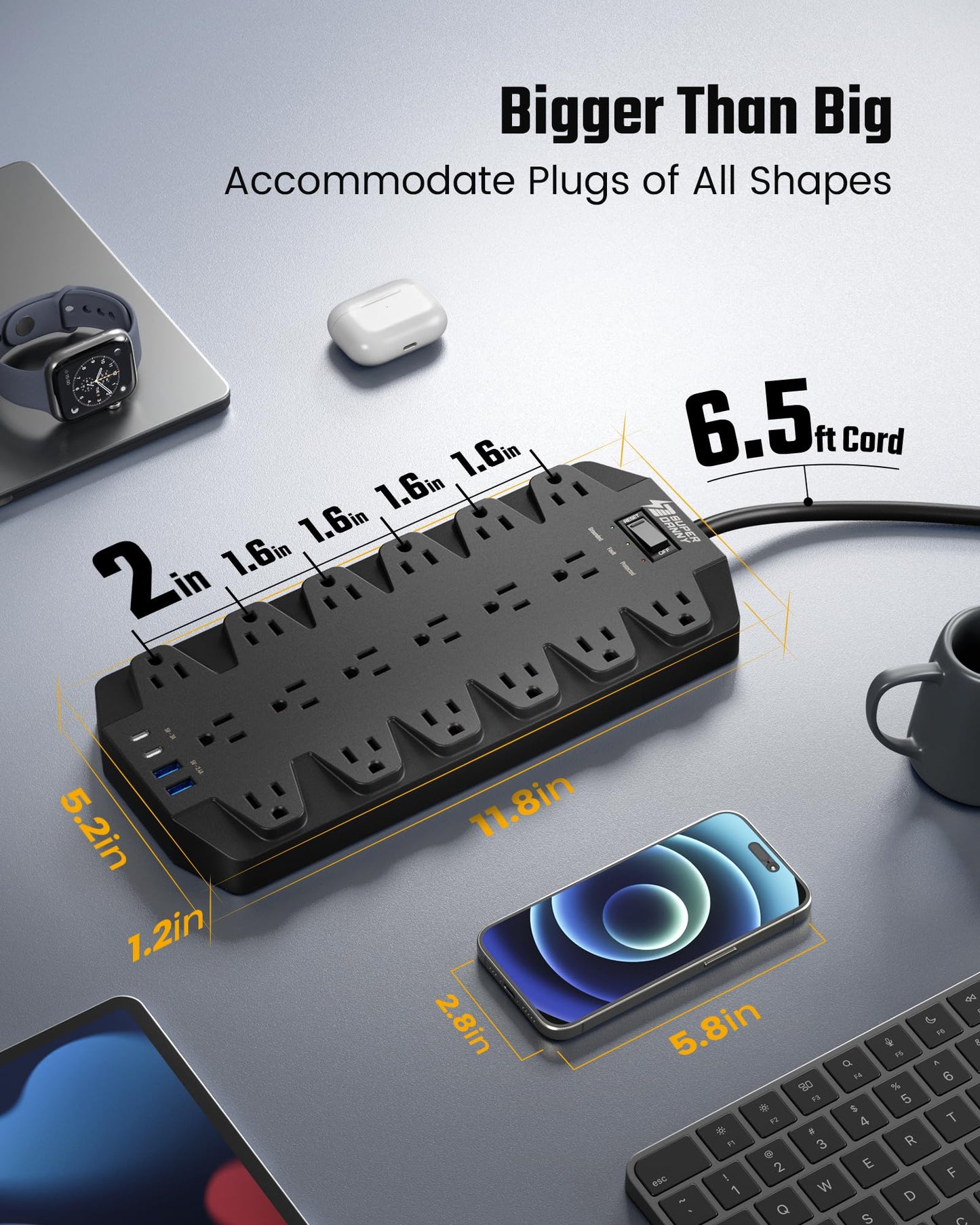Power Bar with Surge Protector, SUPERDANNY 18 Widely-Spaced AC Outlets and 2 USB 2 C Ports, 2100 Joules, 1875W/15A, 6.5Ft Flat Plug Extension Cord, Wall Mountable for Home, Office, Dorm, Black