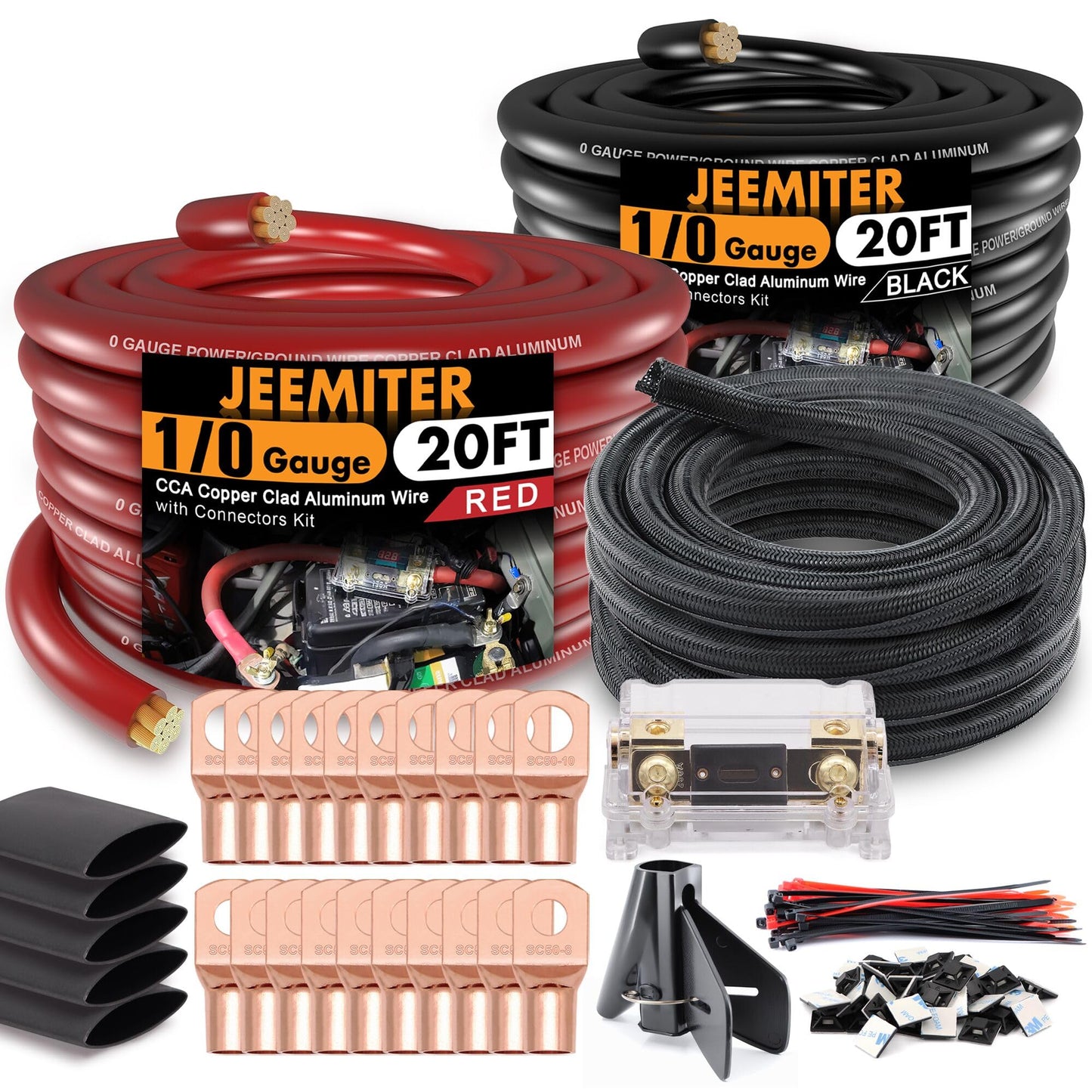 0 Gauge Wire，Car Amplifier Power Ground Wire Kit，Battery Cable，Automotive Wire, Welding Cable, Primary Wiring, Amp Install Wiring Kit with Lugs Terminal ANL Fuse Heat Shrink Tube and Loom Cable Sleeve