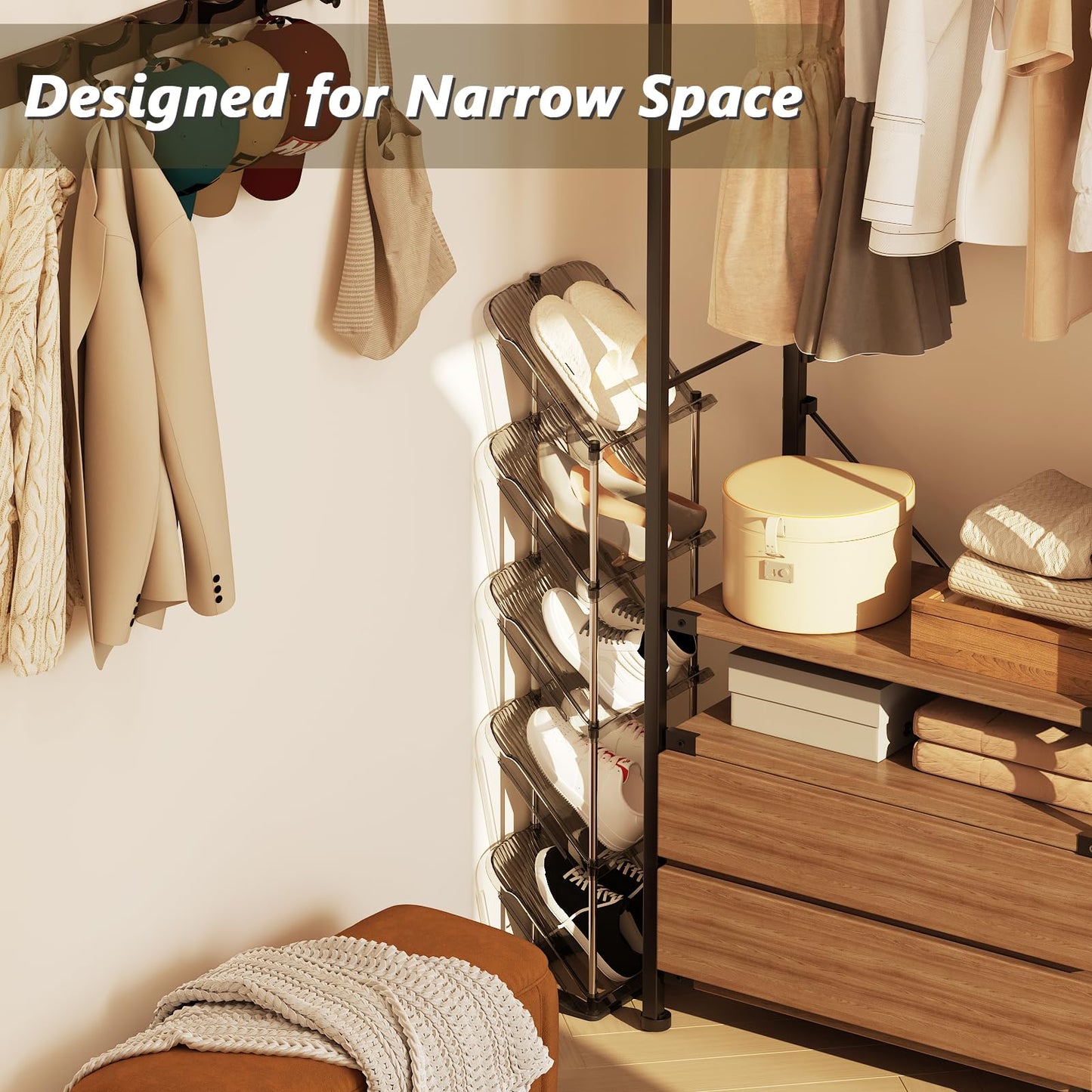 2 Pack Sloping Narrow Shoe Rack 5 Tiers - Free Standing Vertical Shoes Racks for Small Spaces and Corner, Shoe Storage Organizer for Entryway, Tall Slim Shoe Shelf Cabinet for Shoes and Boots