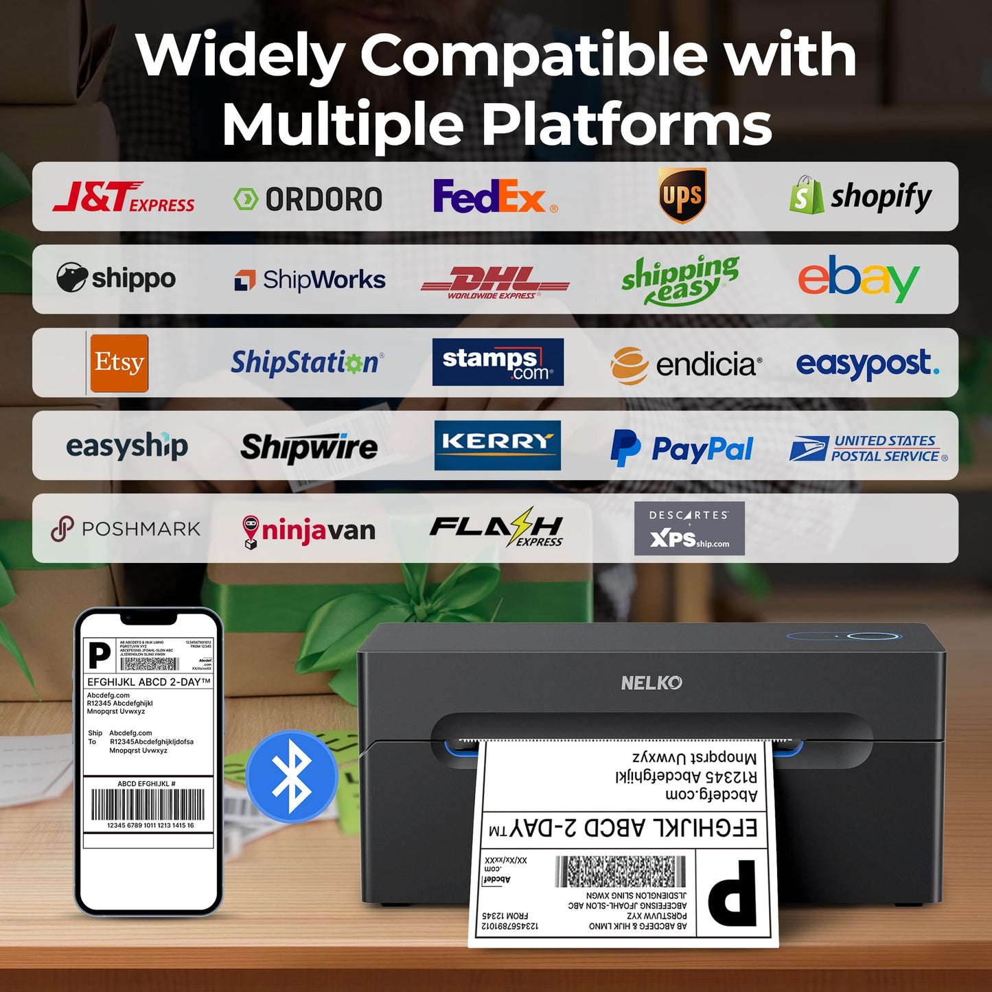 Bluetooth Shipping Label Printer, NELKO Wireless 4x6 Thermal Shipping Label Printer for Small Business, Support iPhone, Android, Windows, MAC and Chrome OS, Widely Used for Canada Post, Amazon, Etsy