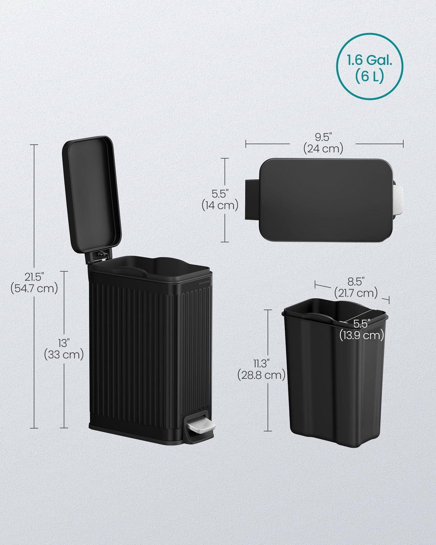 SONGMICS Bathroom Trash Can, 1.6-Gallon (6 L) Trash Bin with Lid, Slim for Small Spaces, Stainless Steel Garbage Can, Soft Close, Ink Black ULTB563B02