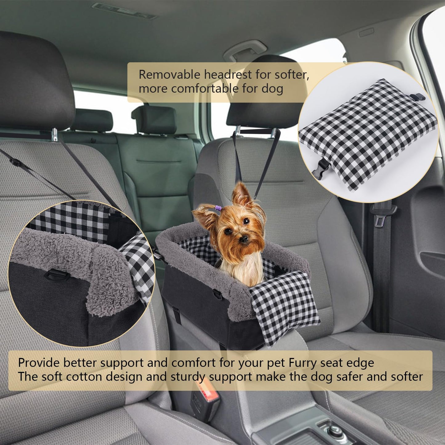 Console Small Dog Car Seat, Metal Frame Support Pet Car Seat, Soft Padded Upgraded Pet Portable Safety Booster Seat with Removable Headrest, Small Dog Car Console Safety Seat (Dark Gray)