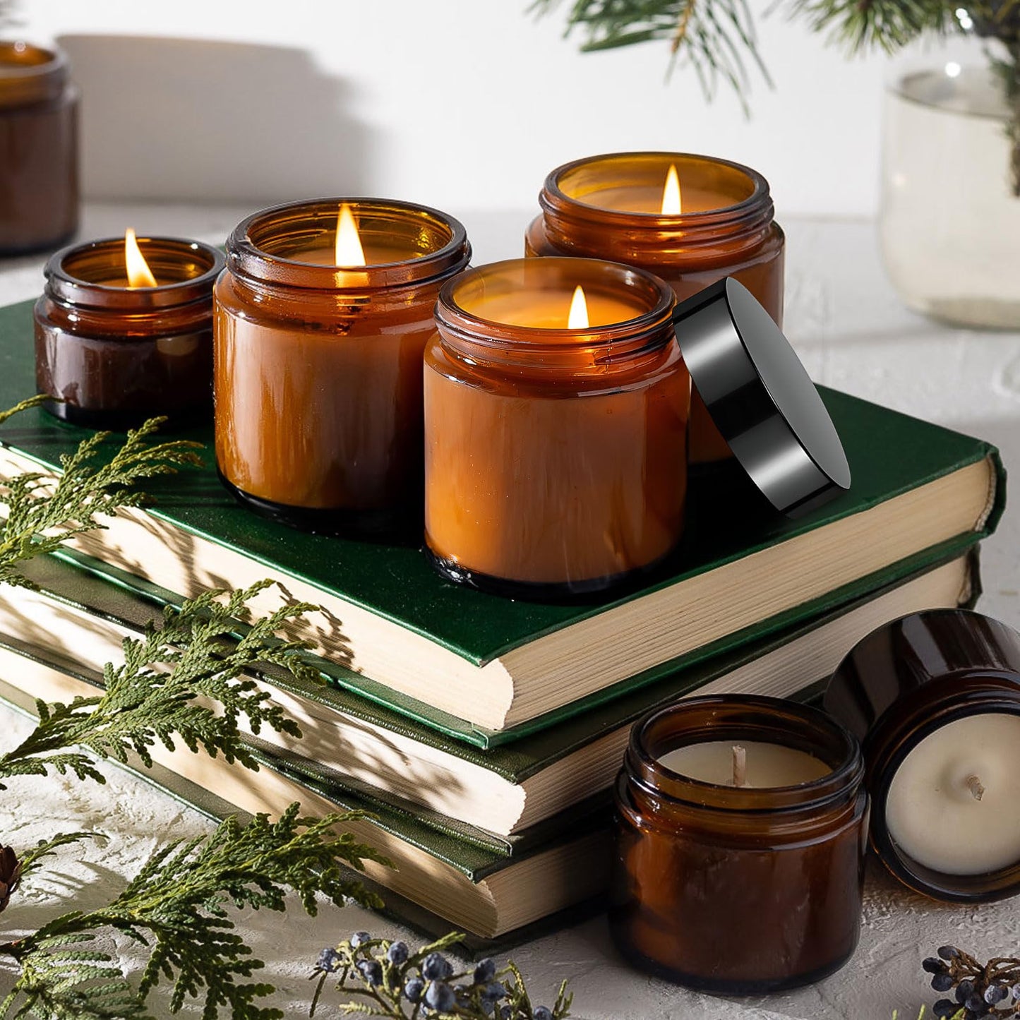 24 Pack 4 oz Glass Jars with Lids, Amber Cosmetic Jars Empty Cosmetic Containers with Inner Liners Round Glass Candle Jar for Lotions Powders Essential oil