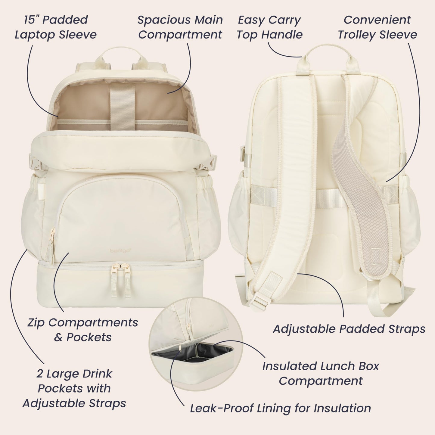 Bentgo® 2-in-1 Adult Backpack & Insulated Lunch Bag – Lightweight, Water-Resistant Travel Backpack with 9 Compartments, Laptop Sleeve & Trolley Sleeve for Work & Everyday Use (Bone)