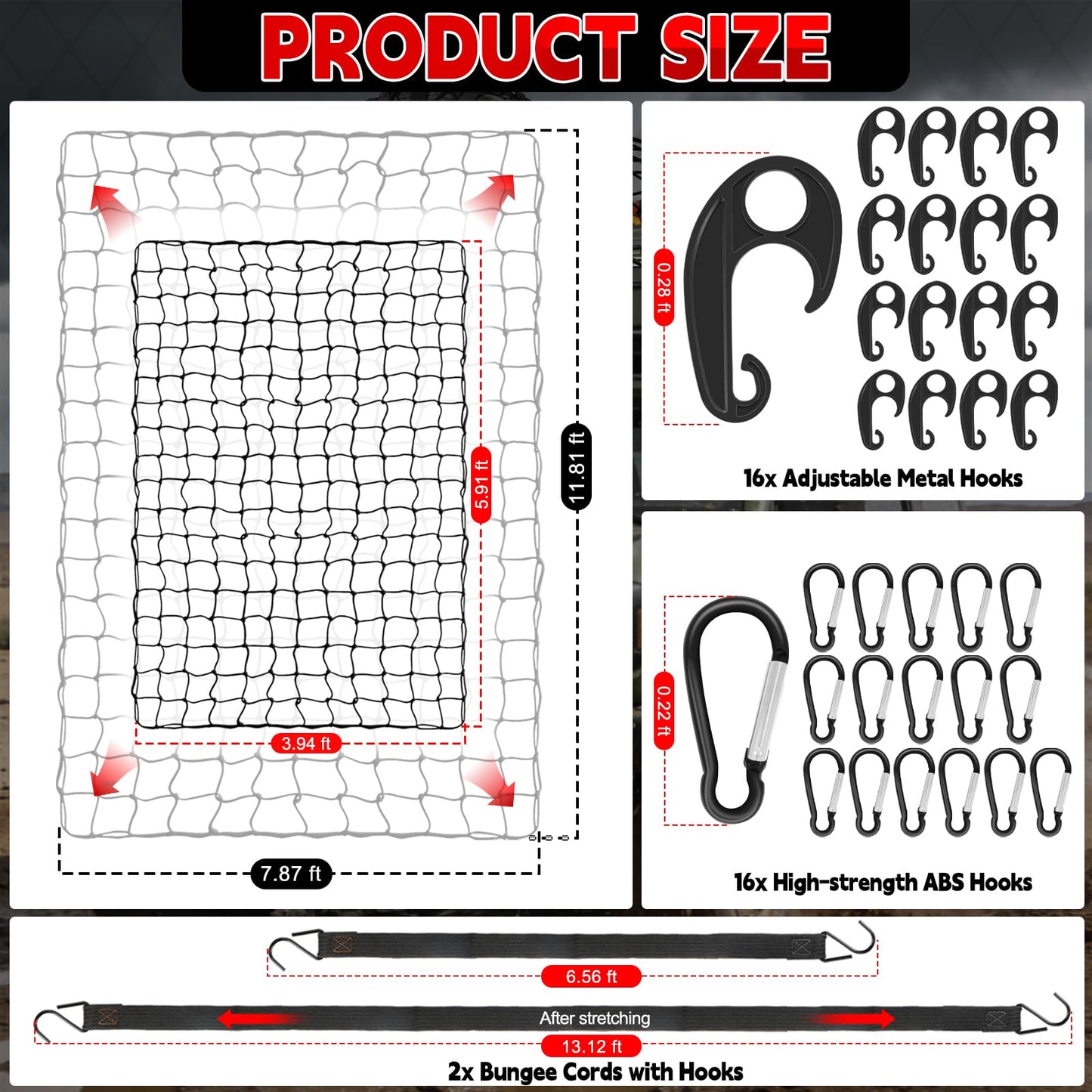 Cargo Net for Truck Bed, Heavy Duty Stretchable Bungee Cargo Net 4x6 ft to 8x12 ft, 5mm Latex-Core Cord, 4"x4" Mesh, 32 Hooks, 2 Extra Bungee Cords, Storage Bag for Pickup Truck SUV Trailer UTV Boat