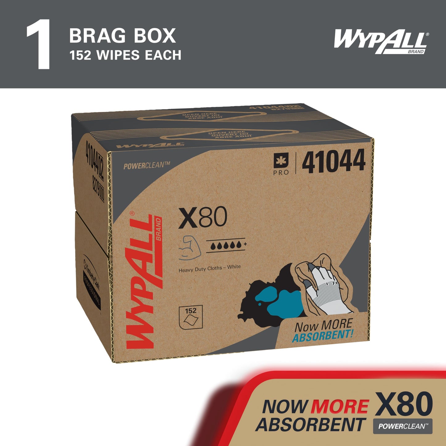 WypAll® PowerClean™ X80 Heavy Duty Cloths (41044), Brag Box, Extended Use Towels, White (160 Sheets/Pack, 1 Packs/Case, 160 Sheets/Case)