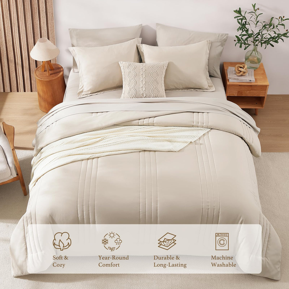 Monbix Queen Comforter Set - 7 Pieces Apricot Beige Bed in a Bag Queen Bedding Sets with Comforters, All Seasons Comforter Bed Set with Sheets, Pillowcases & Shams