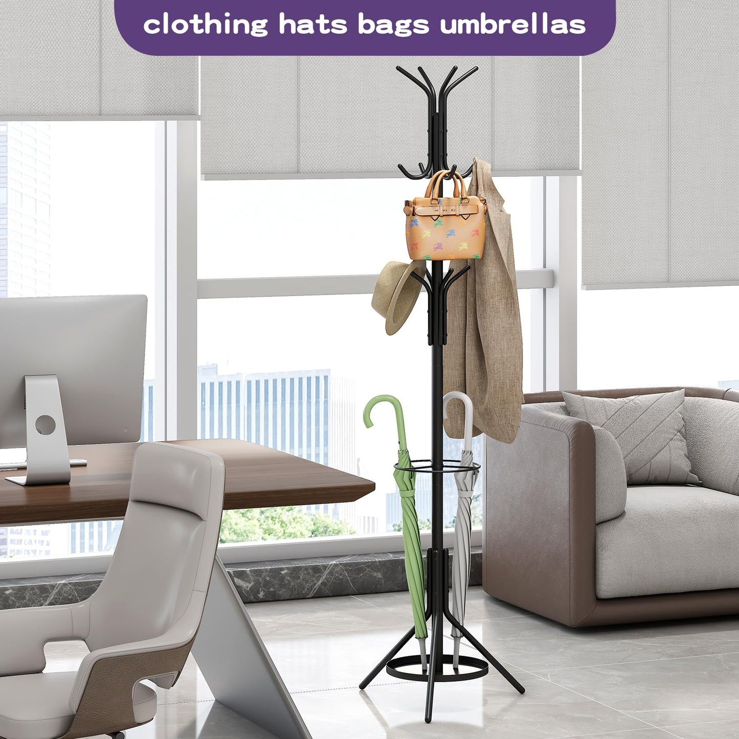 Wieghda Metal Coat Rack with Umbrella Holder,Coat hanger Freestanding,Entryway Hanger Stand,Hall Tree With 12 Hooks,Black