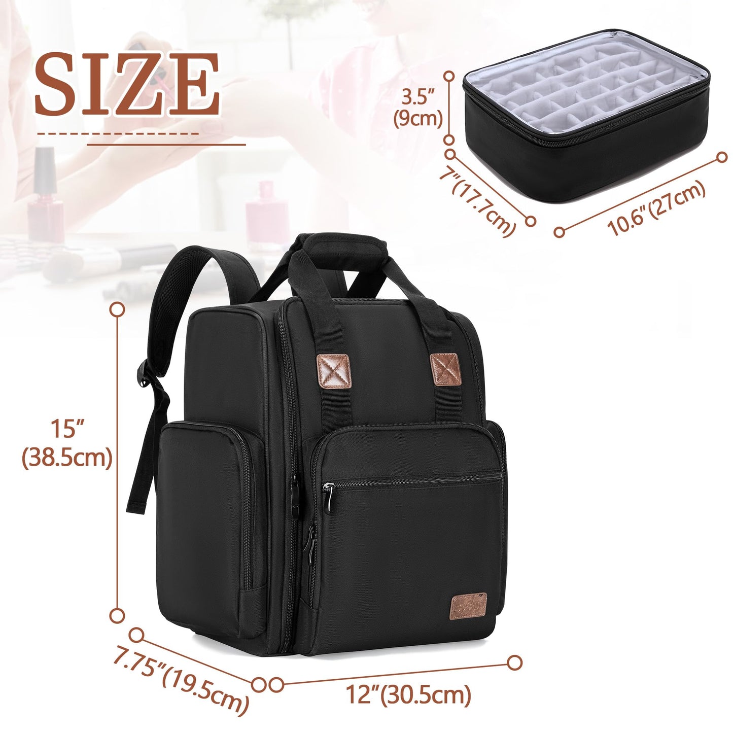 BAFASO Nail Polish Organizer Backpack Holds 105 Bottles (15ml - 0.5fl.oz) and a Nail Lamp, Nail Polish Backpack with 3 Removable Pouches and Multiple Tools Storage Pockets (Patented), Black, Bag Only