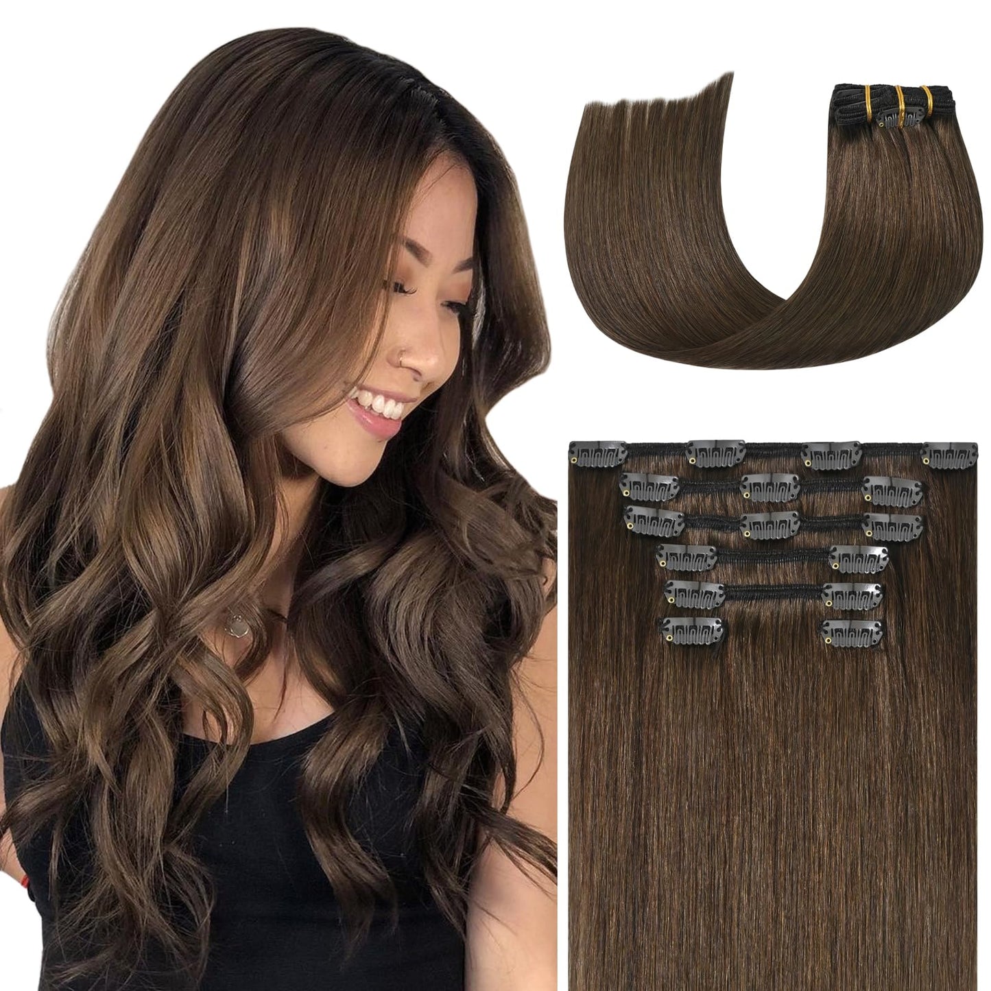 WindTouch Clip in Hair Extensions Human Hair, 15 Inch 70g #4 Medium Brown Hair Extensions for Women Real Human Hair Clip in, Remy Human Hair Extensions Clip ins, Soft Natural Straight