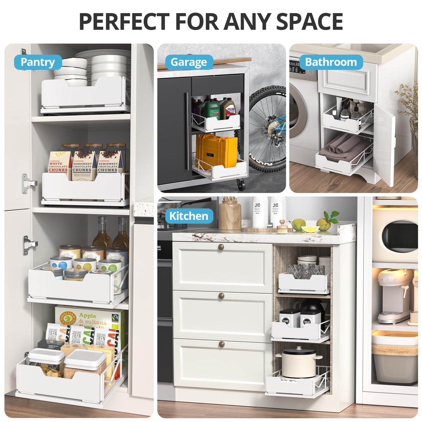 Pull Out Cabinet Organizer, Pantry Slide Out Drawer Organizer with Adhesive Strips, Heavy Duty Under Sink Organizer, Storage and Organization for Kitchen, Bathroom, 15.7" D x 9.8" W x 4" H