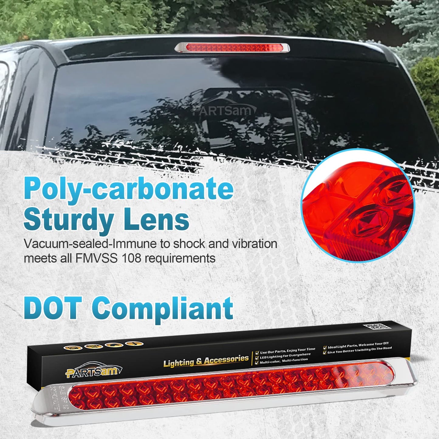 Partsam Waterproof 17" Inch High Power 40 LED Red Utility Trailer Truck RV Stop Tail Turn 3rd Brake Marker Identification Light Bar w/Chrome Bezel (Pack of 2)