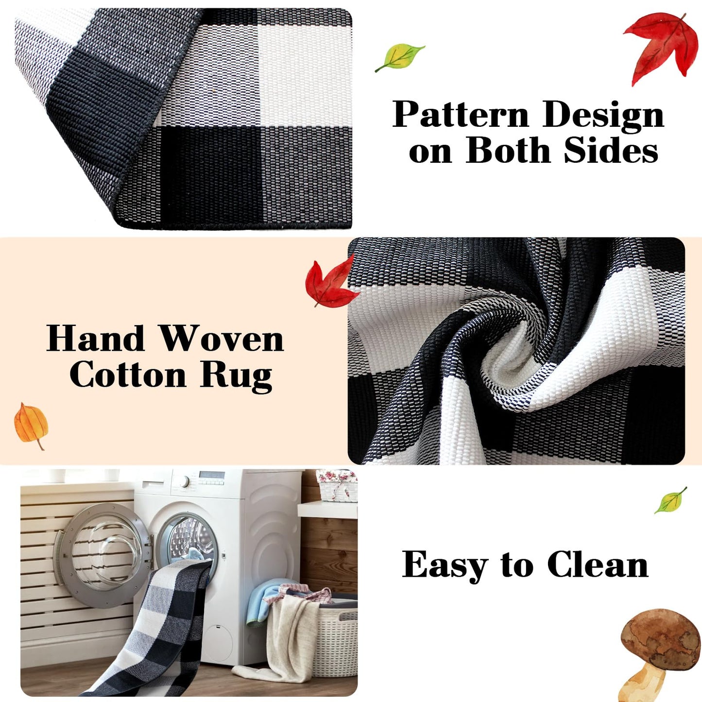 2 Pcs Fall Door Mat Combo Set Imitation Coir Welcome Mat, 43" x 28" Buffalo Plaid Rug Outdoor for Fall Halloween Thanksgiving Rustic Farmhouse Indoor Autumn Mats Hello Pumpkin (Black and White Plaid)