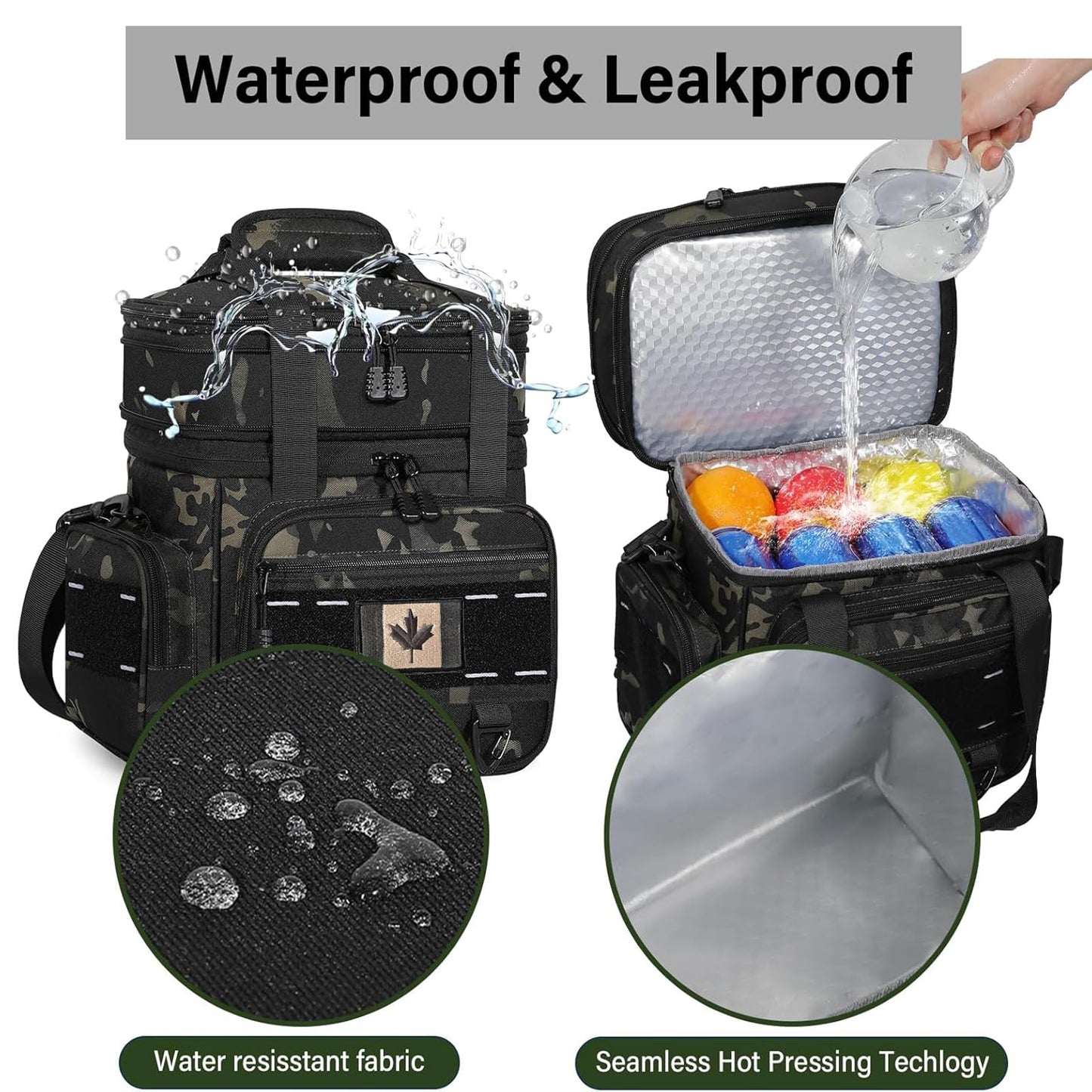 Expandable Tactical Lunch Box, XLarge Insulated Lunch Cooler Bag Heavy Duty Leakproof Lunch Pail for Men Adults Work Office Outdoor Picnic Trips,25L,Black-Camo