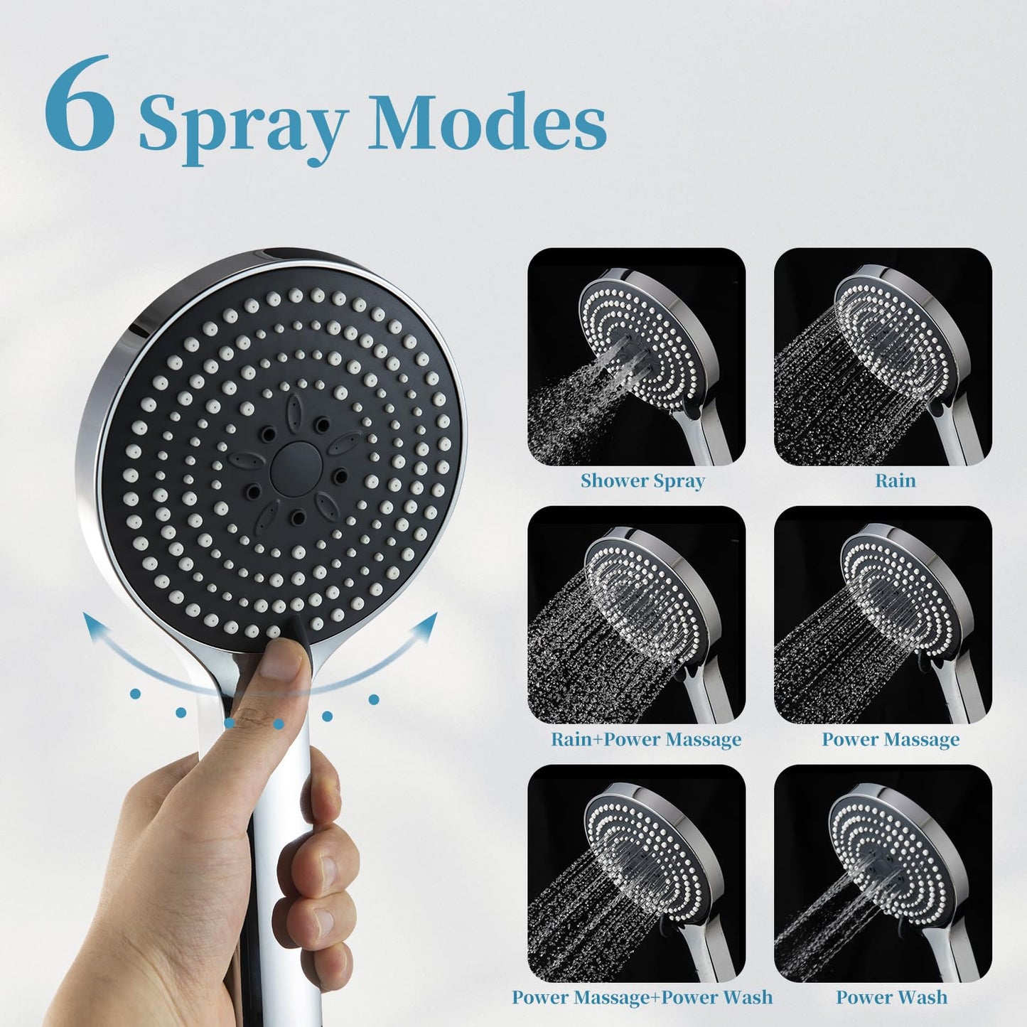 OFFO Shower Head Set, 6-Mode High Pressure Handheld Sprayer with 1.5m Stainless Steel Hose & Showerhead Holder, High Flow Large Powerful Boosting Handheld Showerhead for Low Water Pressure, Chrome