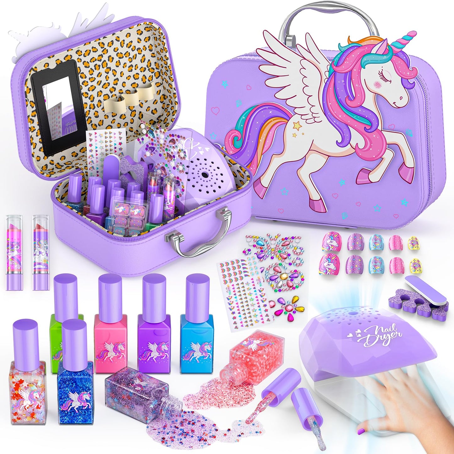 Glisiol Kids Nail Polish Set for Girls Toys, Washable Quick-Dry Toddler Nail Art Kit with Air Cooling Dryer and Cosmetic Case, Christmas or Birthday Gifts for Girls Ages 3 4 5 6 7 9 10 11 12-Purple