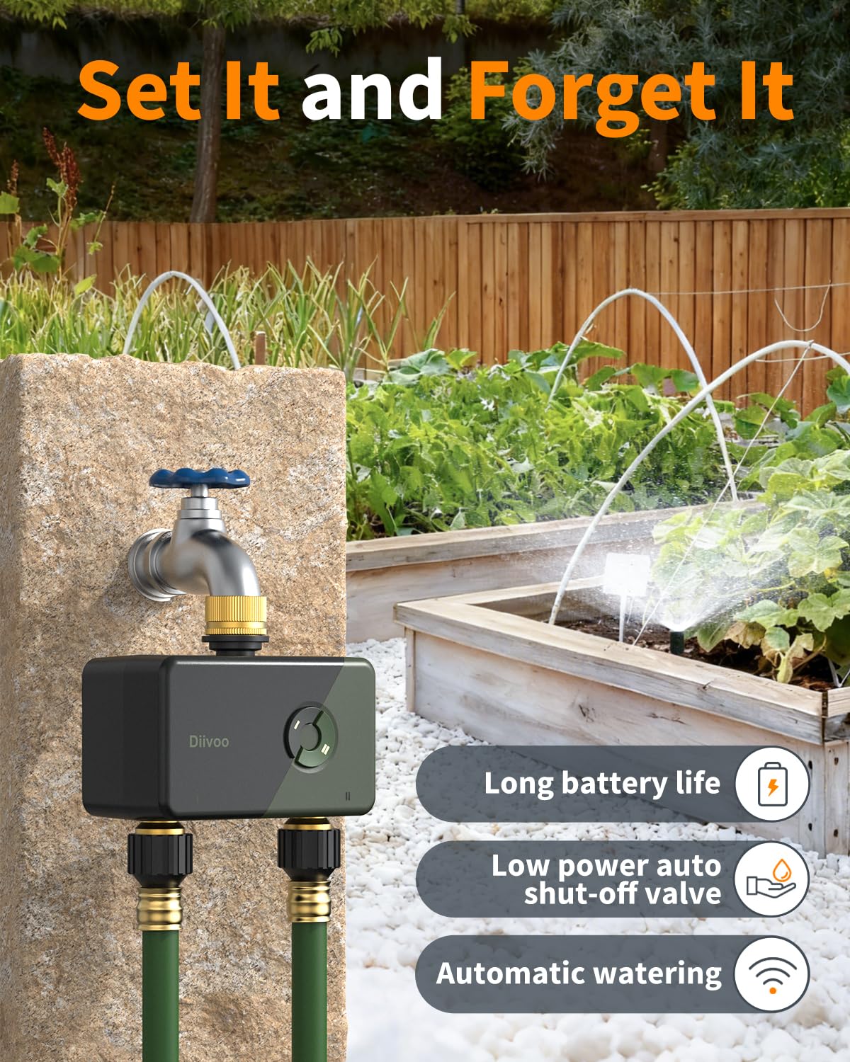 Diivoo WiFi Sprinkler Timer 2 Zone, Garden Hose Timer with Brass Inlet & Outlet, Programmable Automatic Water Timer with Rain Delay, Manual/Auto Mode, Outdoor Irrigation Controller for Lawn