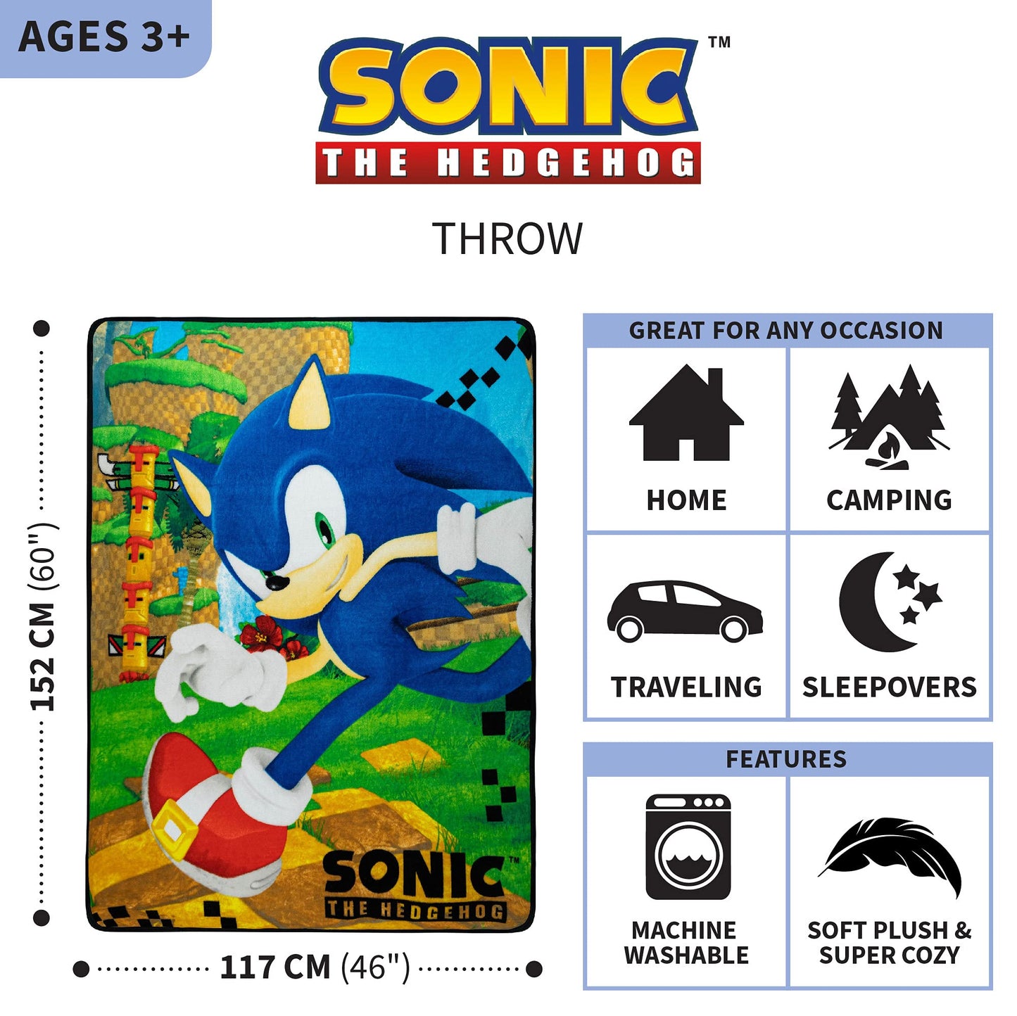 Sonic The Hedgehog Gaming Kids Bedding Super Soft Plush Throw Blanket, 46 in x 60 in, (Officially Licensed Product) By Franco