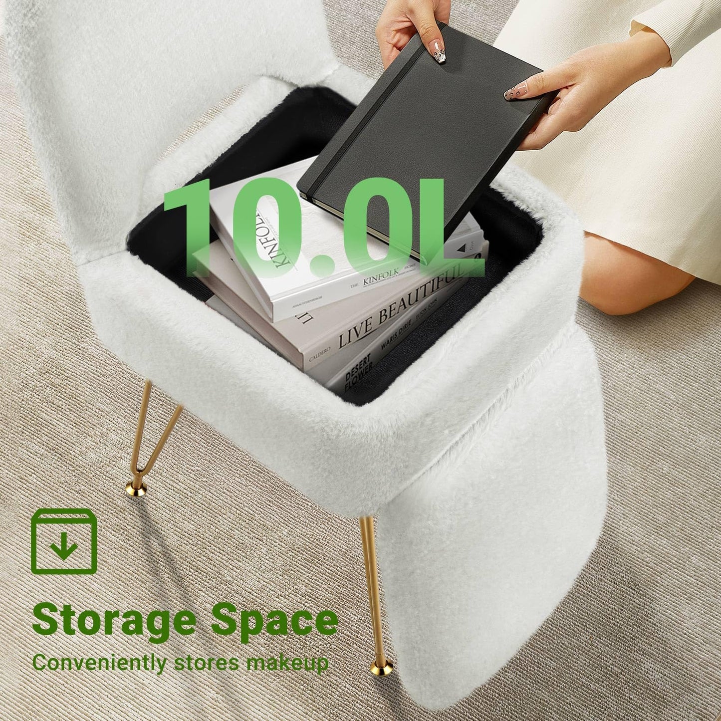Greenstell Vanity Stool Chair with Storage and Folding Back, 13.4" L x15 W x 30.0" H Square Soft Ottoman, 4 Metal Legs with Anti-Slip Feet, Furry Padded Seat for Makeup, Bedroom, White