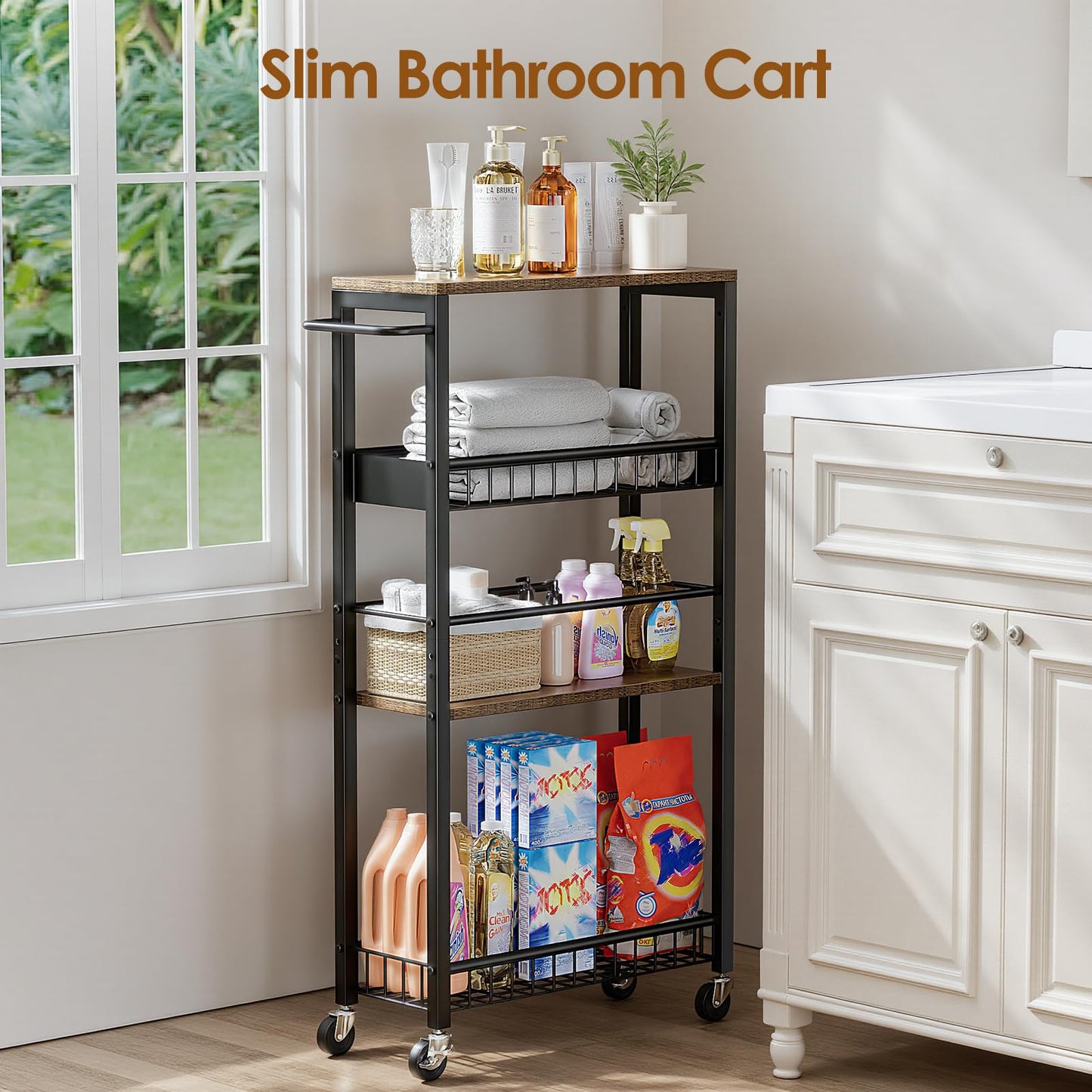 Kssiaz Slim Storage Rolling Cart, 4 Tier Narrow Cart with Wheels, Metal Kitchen Rolling Cart for Small Spaces, Slide Out Storage Shelves for Kitchen, Laundry Room, Bathroom, Living Room, 7.1in(W)
