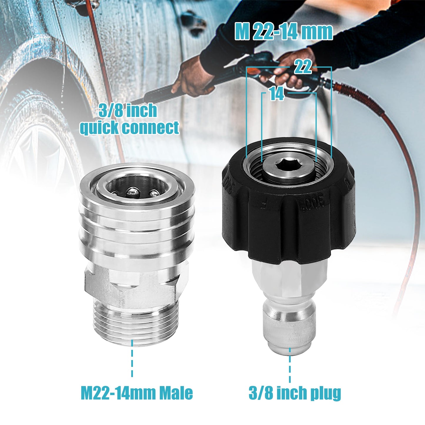 Tool Daily Pressure Washer Adapter Set, Stainless Steel Quick Connect Kit, M22 14mm to 3/8" Quick Disconnect Kit for Power Washer, 8 PCs