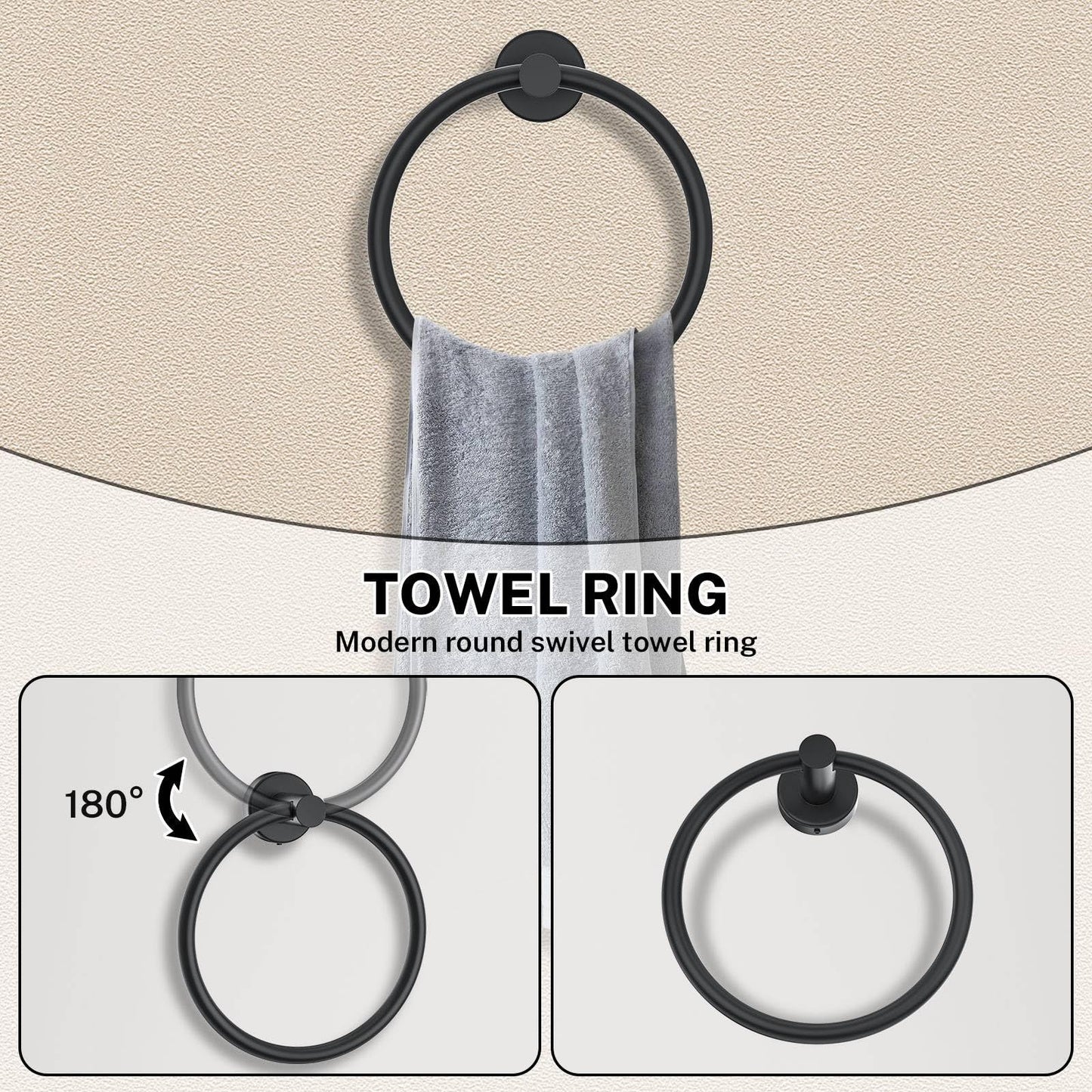 5 Piece Matte Black Towel Bar Set Round Bathroom Hardware Set Includes 23.6in Towel Bar Round Towel Ring Toilet Paper Holder Towel Hooks Stainless Steel Wall Mount Bathroom Accessories Set