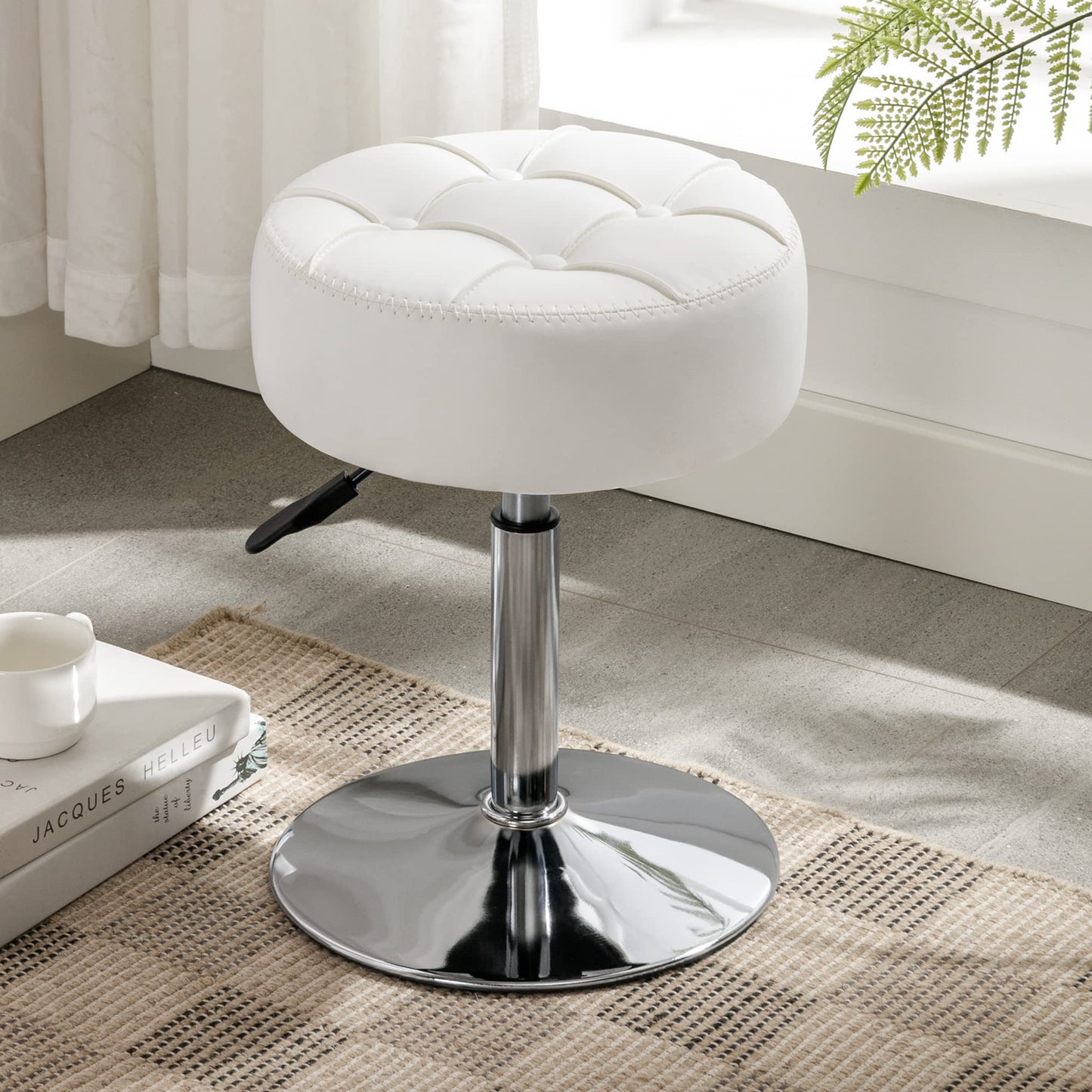 LUE BONA Adjustable 360°Swivel Vanity Stool, White Faux Leather Makeup Chair for Bathroom & Living Room