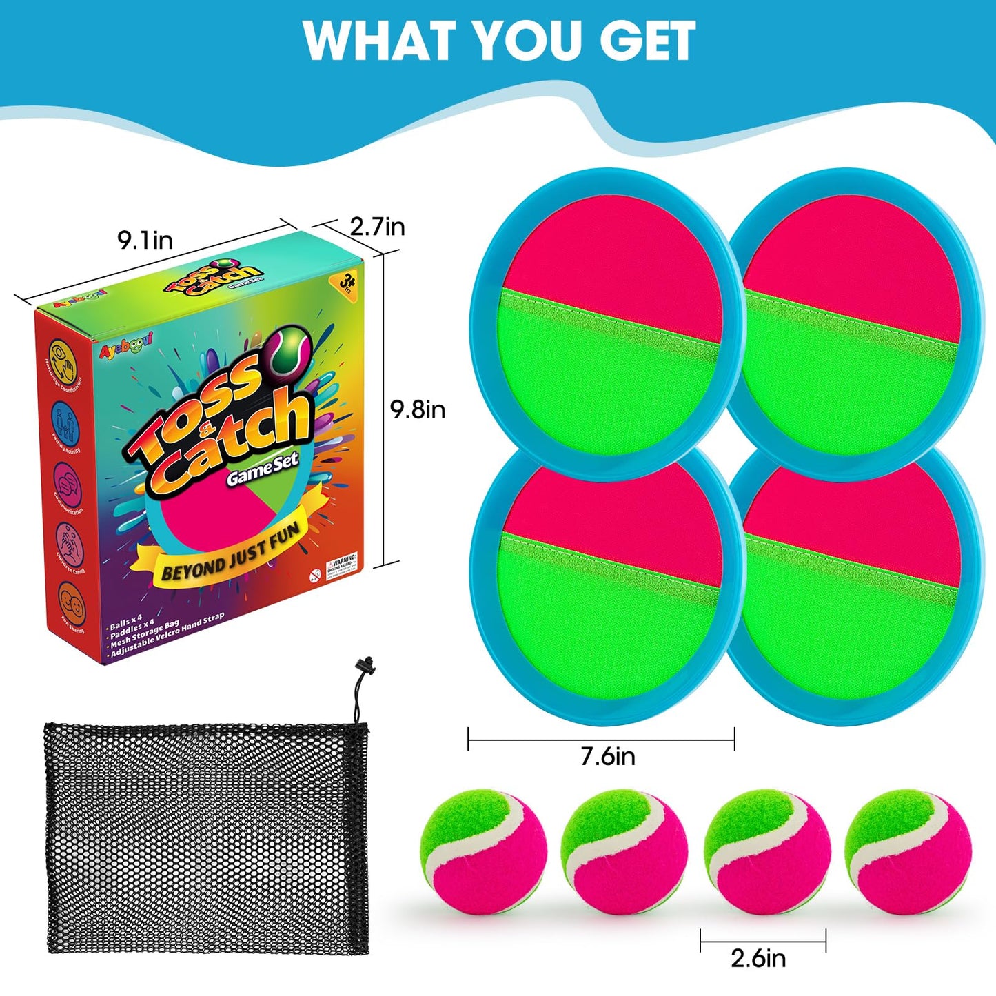 Ayeboovi Kids Toys Toss and Catch Ball Set Outdoor Games Toys for 3 4 5 6+ Year Old Boys Girls Toss and Catch Game Set with 4 Paddles and 4 Balls[Upgraded Version]