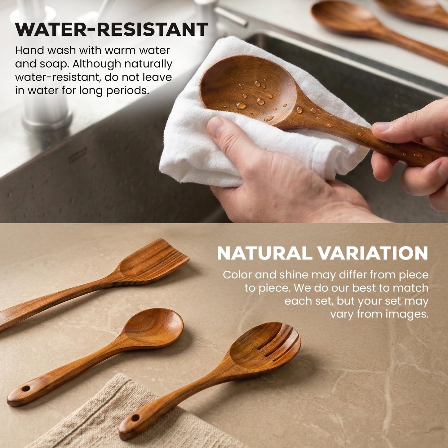 Zulay Kitchen 6-Piece Wooden Spoons for Cooking - Smooth Finish Teak Utensils - Soft Comfortable Grip Wood Spoons - Non-Stick Wooden Cooking Utensils - Teak Spoon Utensil Sets