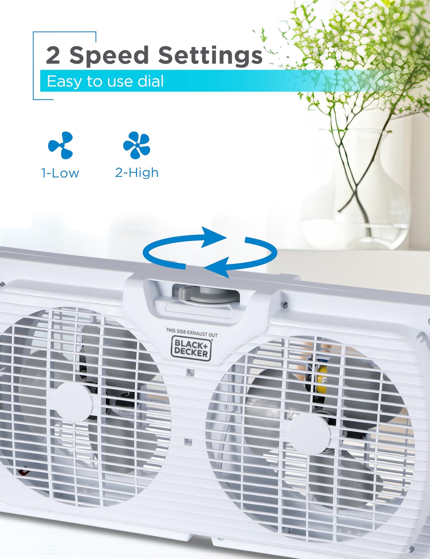 BLACK+DECKER 9" Dual Window Fan with 2 Speed Settings, Twin Fan Heads with Mechanical Dial Control, Removable Legs, For Sliding Windows up to 33” W with Accordion Expanders, BFW9M, White