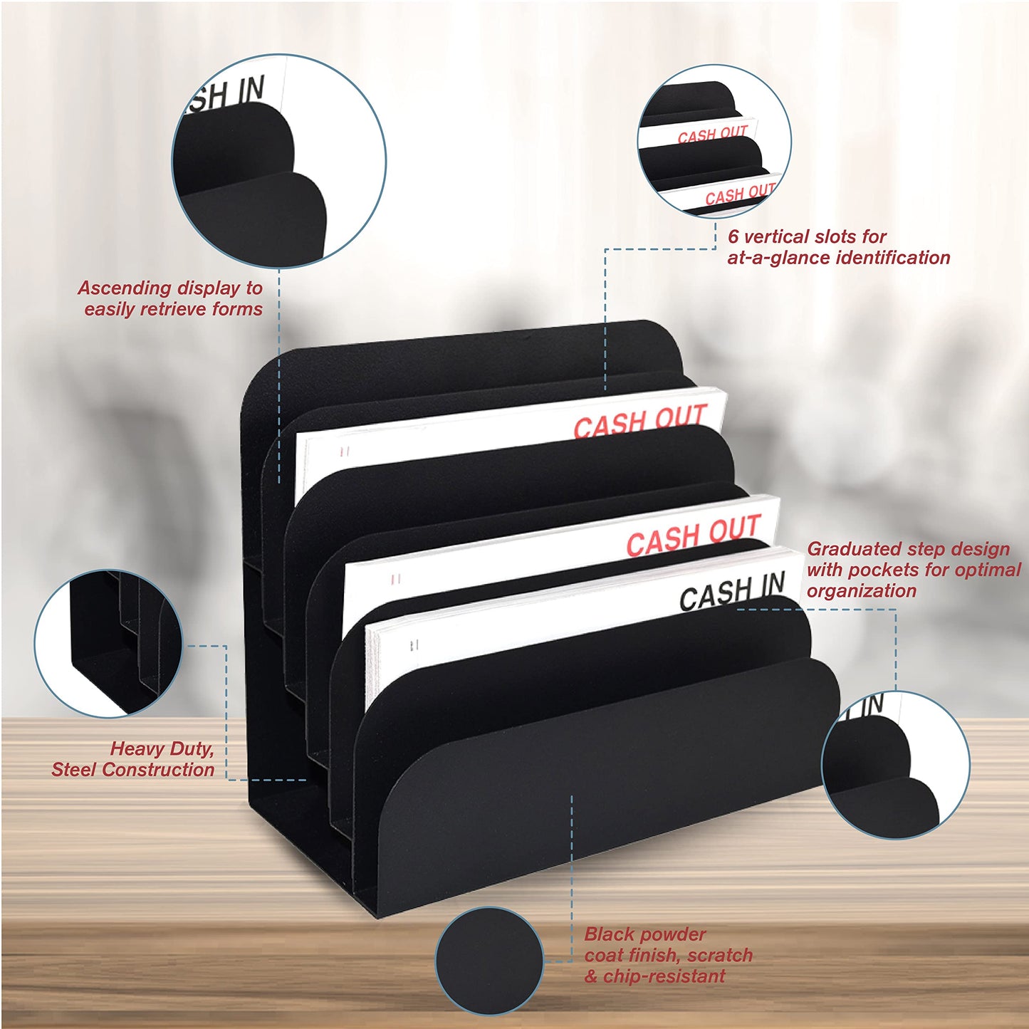 STEELMASTER by BankSupplies Steel Cashier Pad Rack – 6 Slot File & Desk Organizer, Paper Organizer, Black Powder Coat Finish, Scratch & Chip-Resistant - Forms, Applications, Deposit Slips & Checks