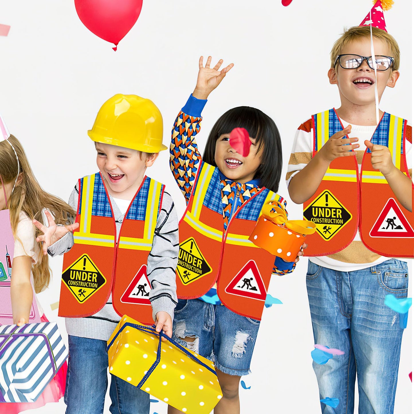 24 Pcs Party Supplies Set, 8 Construction Vests | 8 Construction Hats | 8 Tote Bags for Kids Dress up Birthday Party (SIGNS)