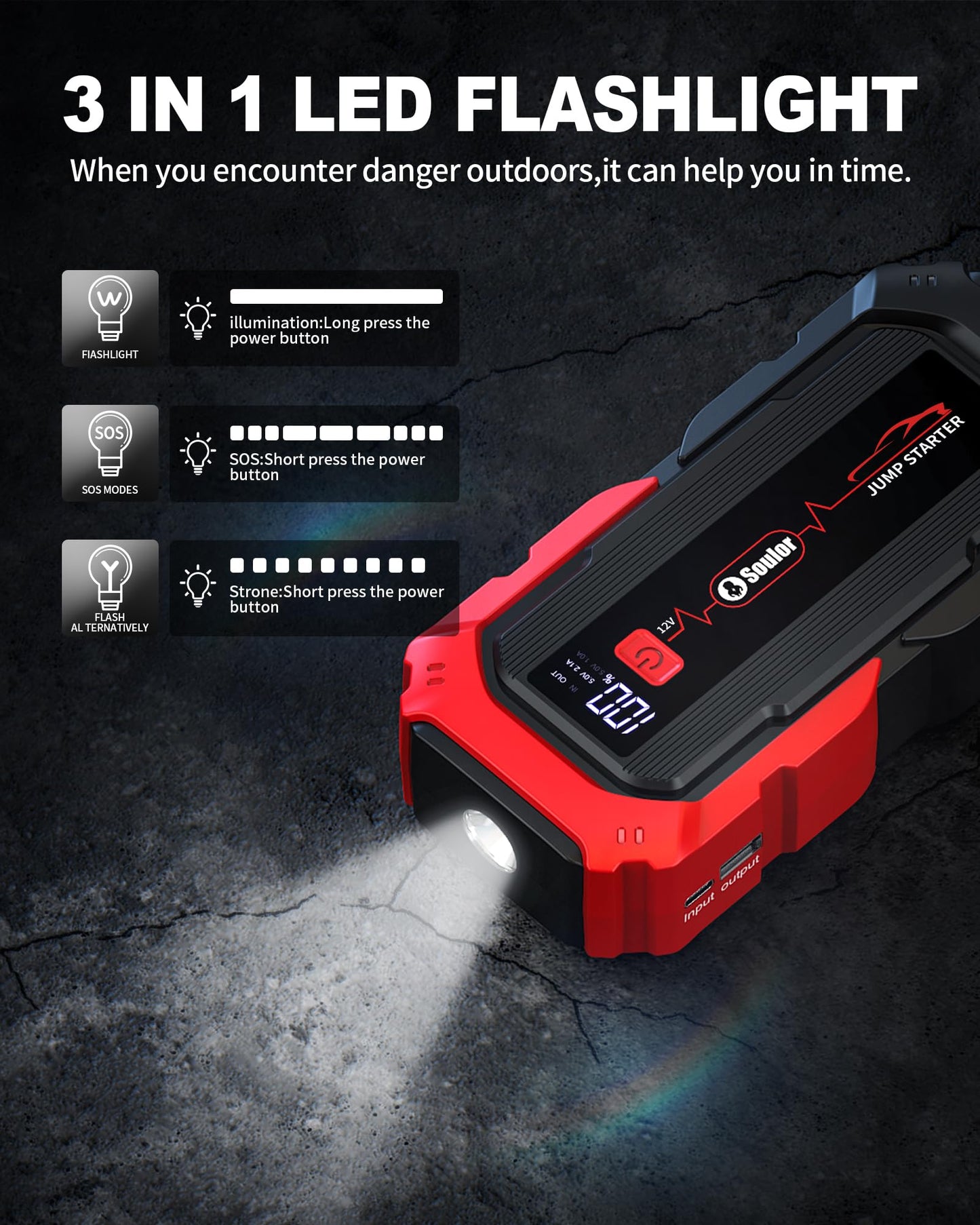 Portable Car Jump Starter,5000A Battery Booster Pack with Jumper Cables LED Lights Car Battery Jump Starter 12V Car Booster Jump Starter